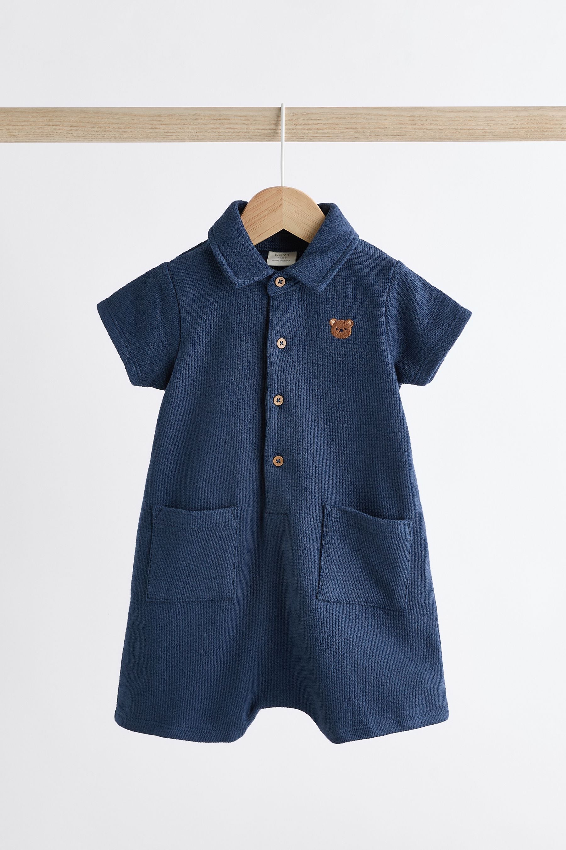 Navy Blue/Cream Bear Collar Jersey Rompers 2 Pack