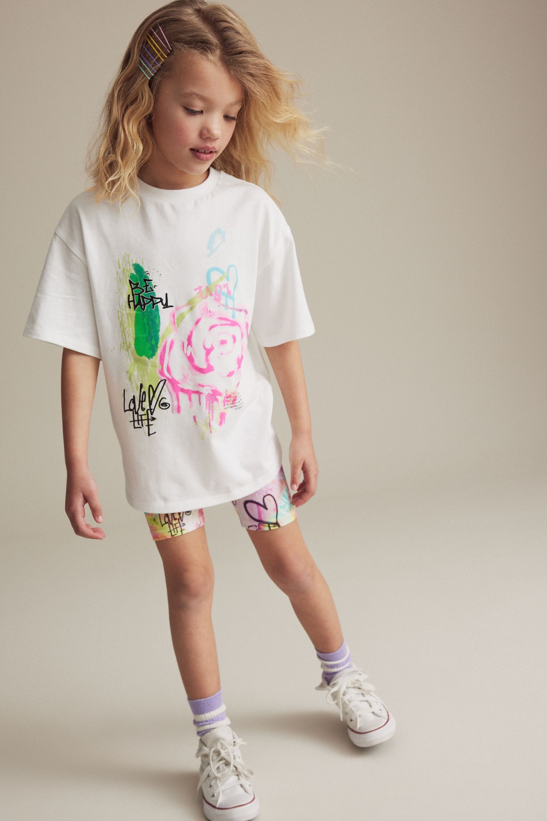 White Graffiti Oversized T-Shirt and Cycle Shorts Set (3-16yrs)