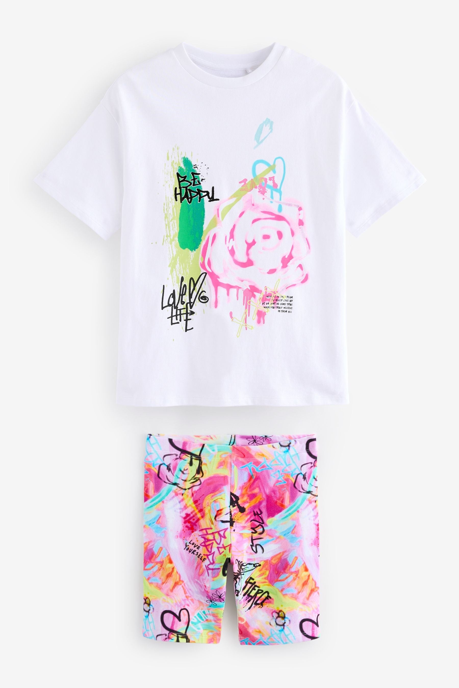 White Graffiti Oversized 100% Cotton T-Shirt and Cycle Shorts Set (3-16yrs)