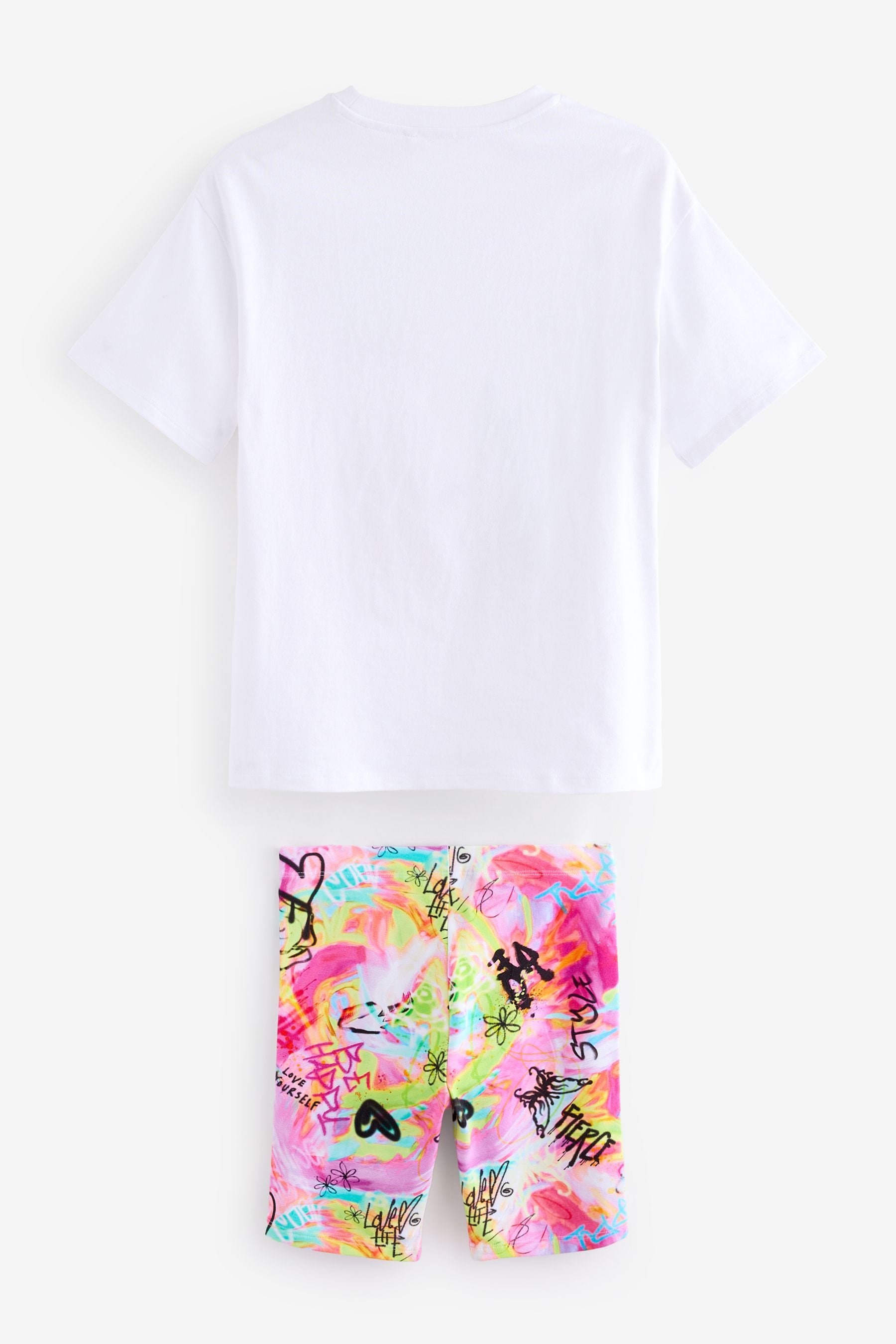 White Graffiti Oversized 100% Cotton T-Shirt and Cycle Shorts Set (3-16yrs)