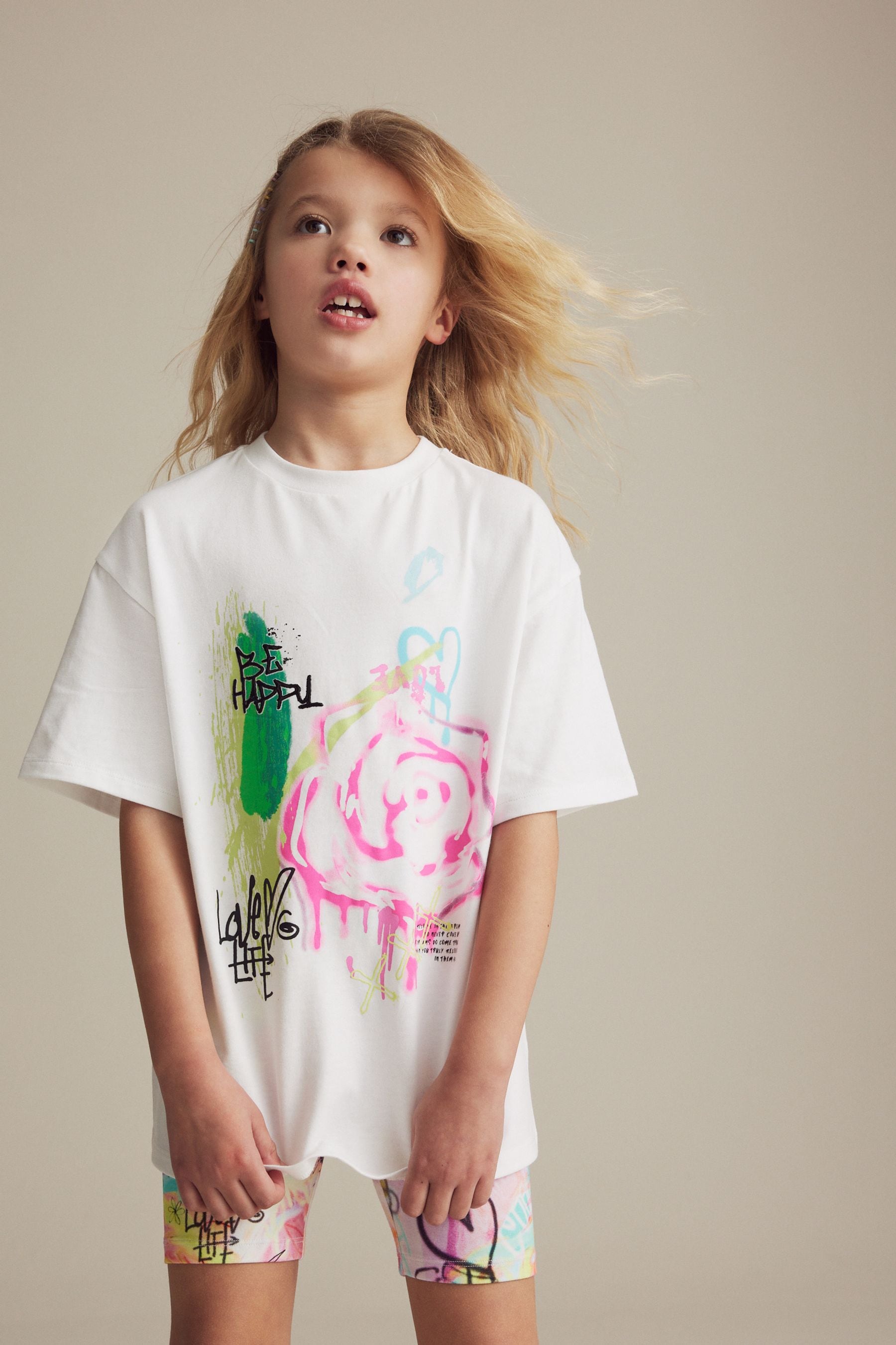 White Graffiti Oversized T-Shirt and Cycle Shorts Set (3-16yrs)