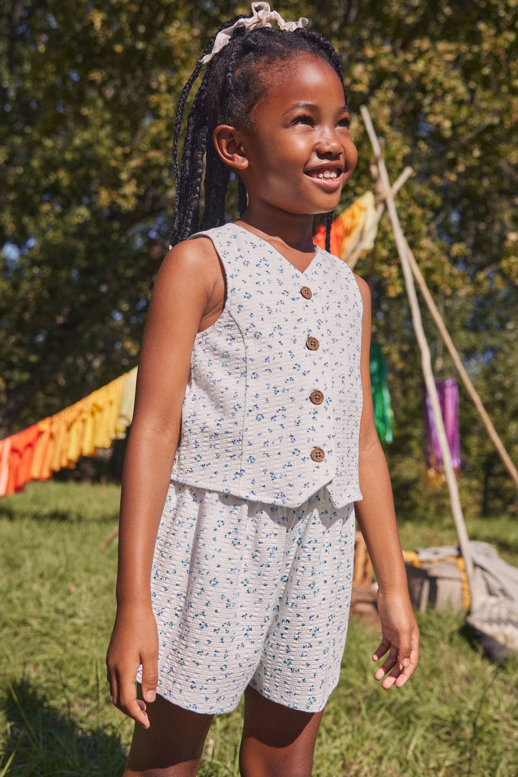 White/Blue Ditsy Floral Waistcoat and Shorts Set (3-16yrs)