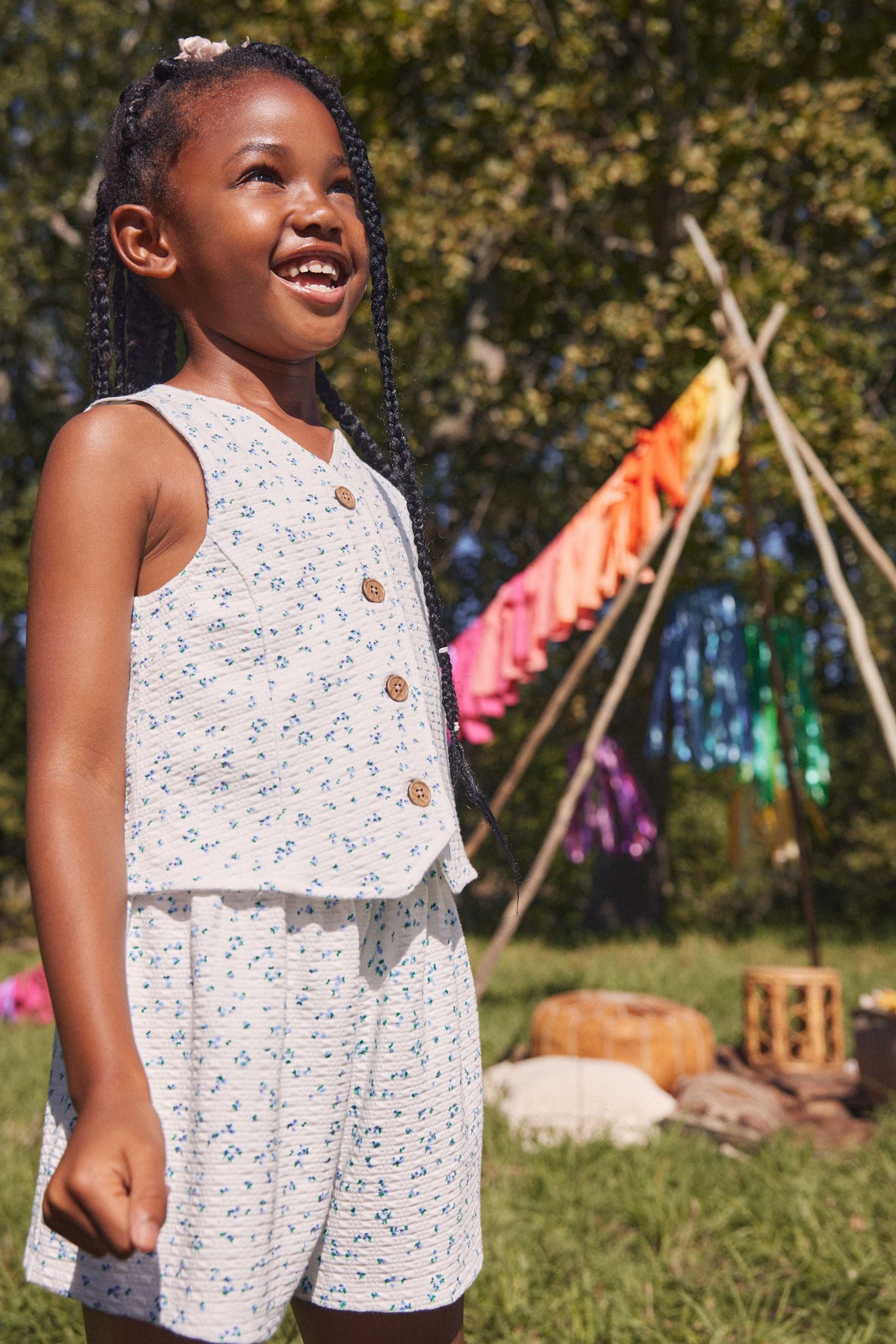 White/Blue Ditsy Floral Waistcoat and Shorts Set (3-16yrs)