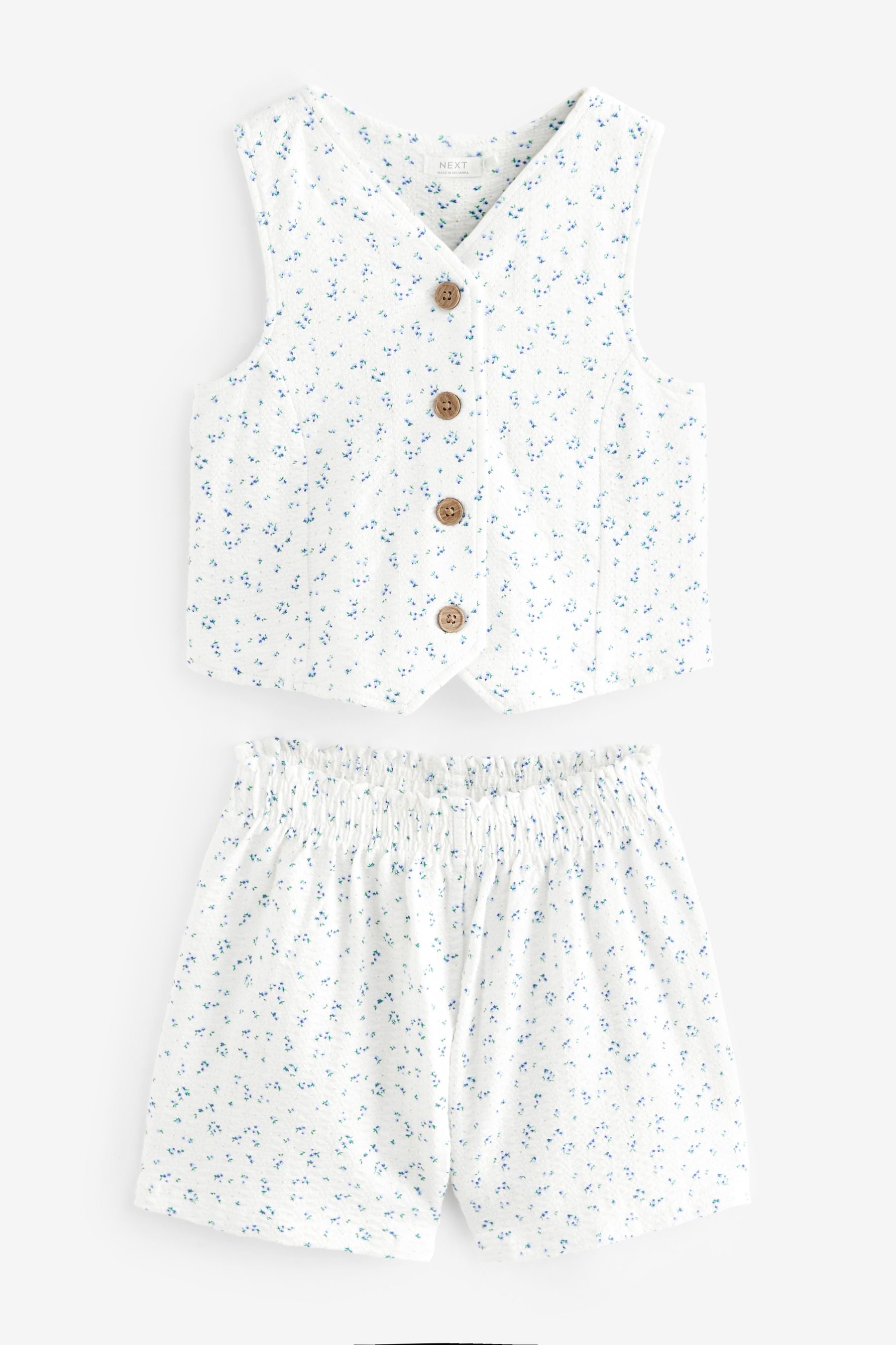 White/Blue Ditsy Floral Waistcoat and Shorts Set (3-16yrs)