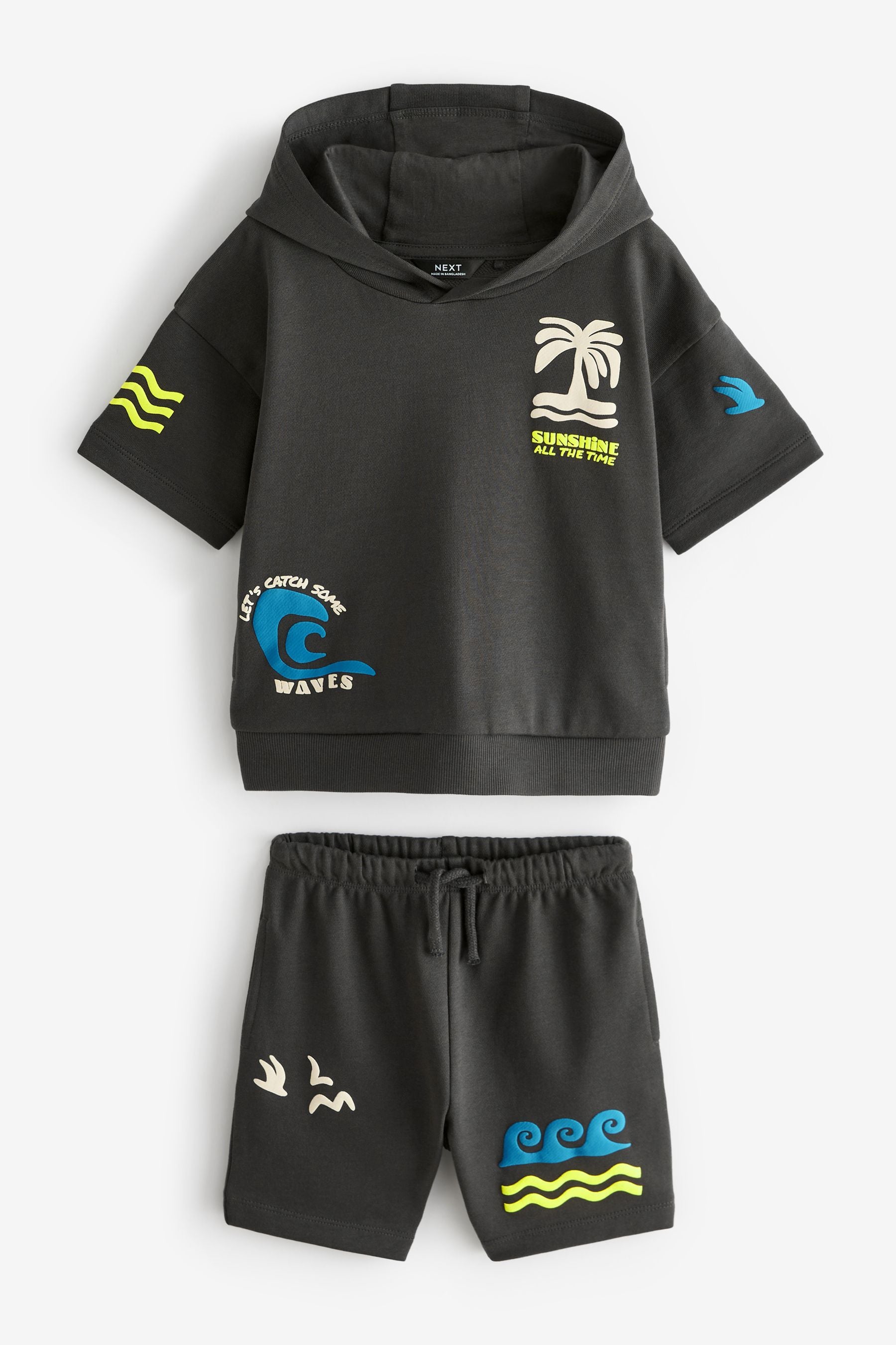 Charcoal Grey Waves Short Sleeve Hooded Sweatshirt and Shorts Set (3mths-7yrs)