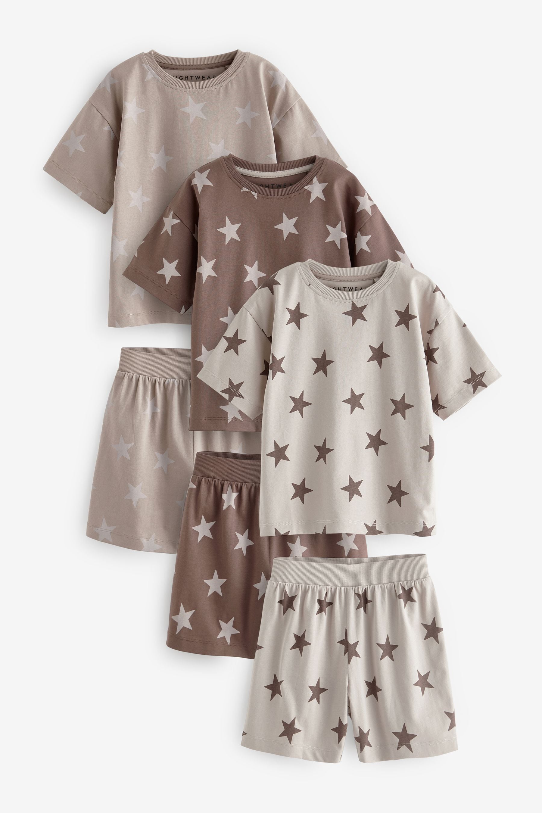 Brown/Cream Stars 100% Cotton Short Pyjamas 3 Pack (9mths-12yrs)