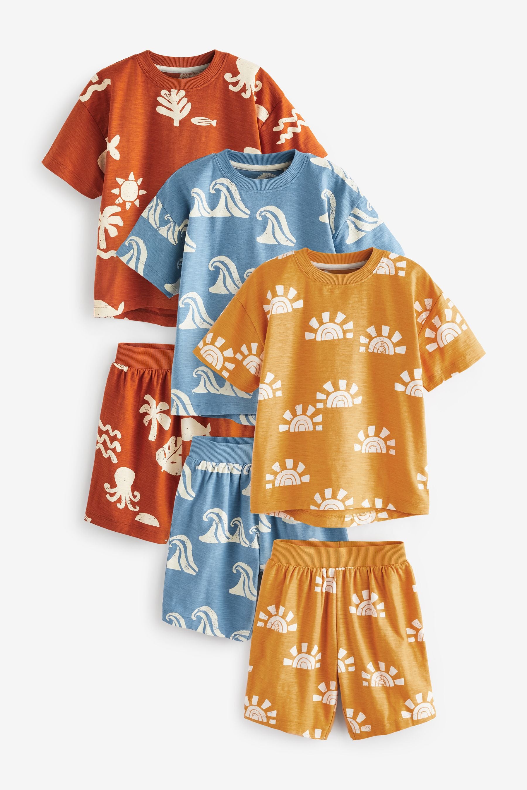 Blue/Yellow/Rust Waves Short Pyjamas 3 Pack (9mths-12yrs)