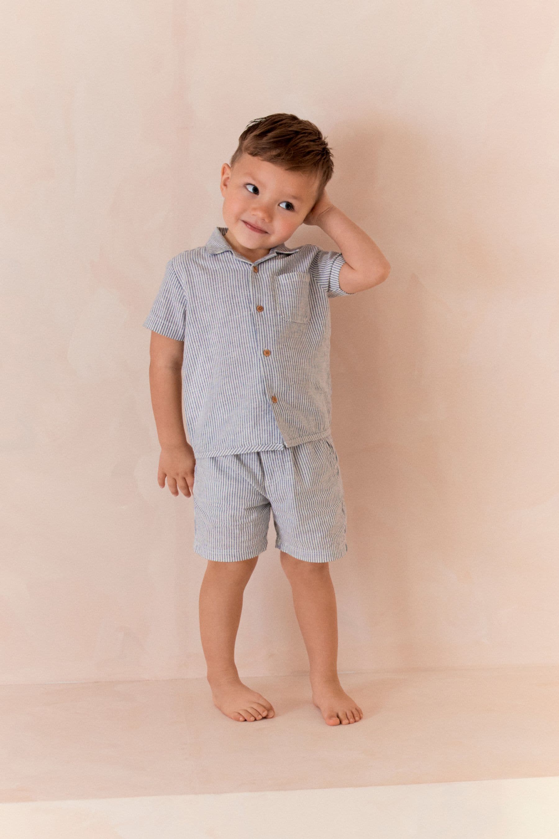 Blue/White Stripe Button Down Short Woven Pyjamas With Linen (9mths-8yrs)