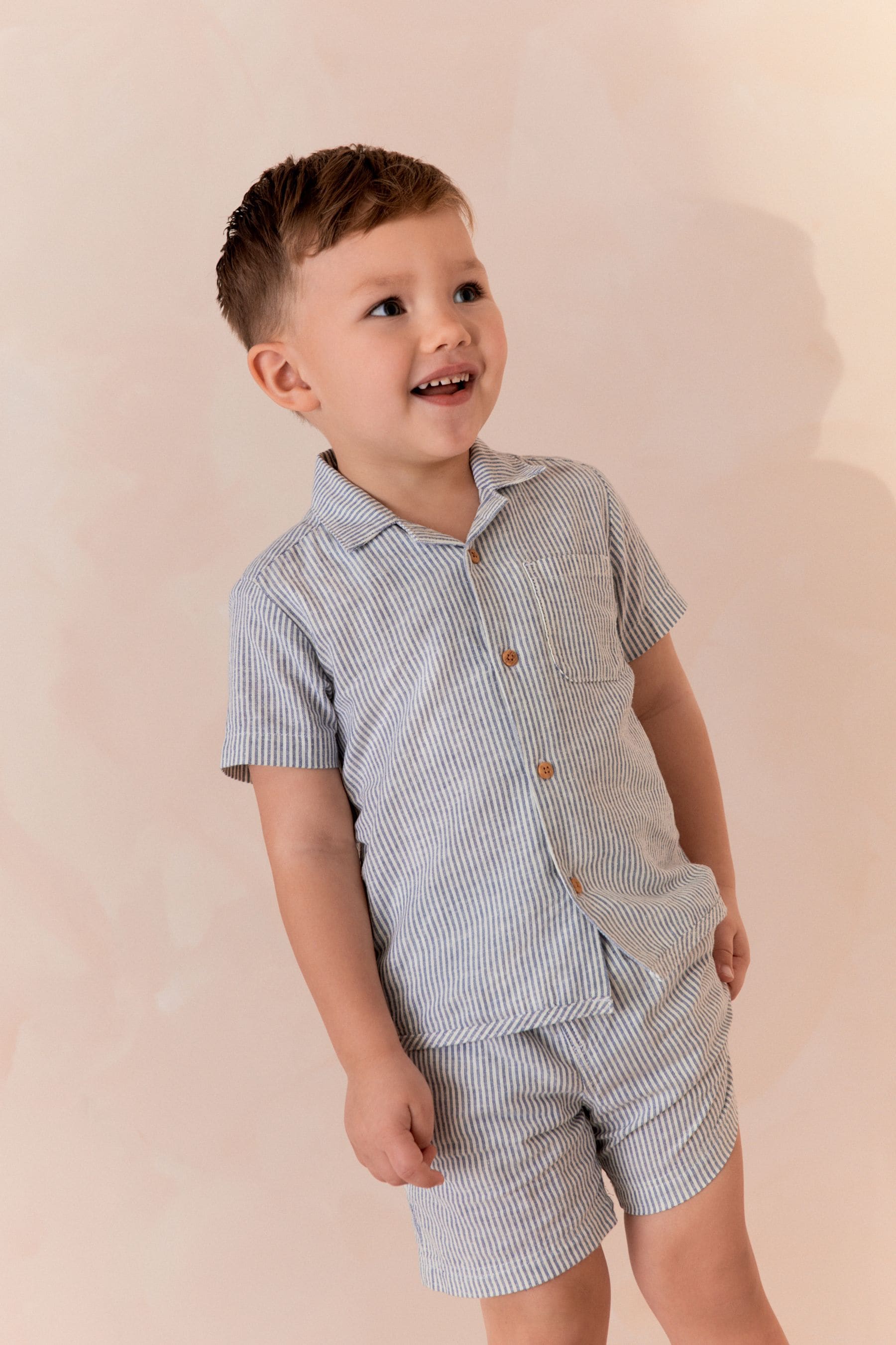 Blue/White Stripe Button Down Short Woven Pyjamas With Linen (9mths-8yrs)