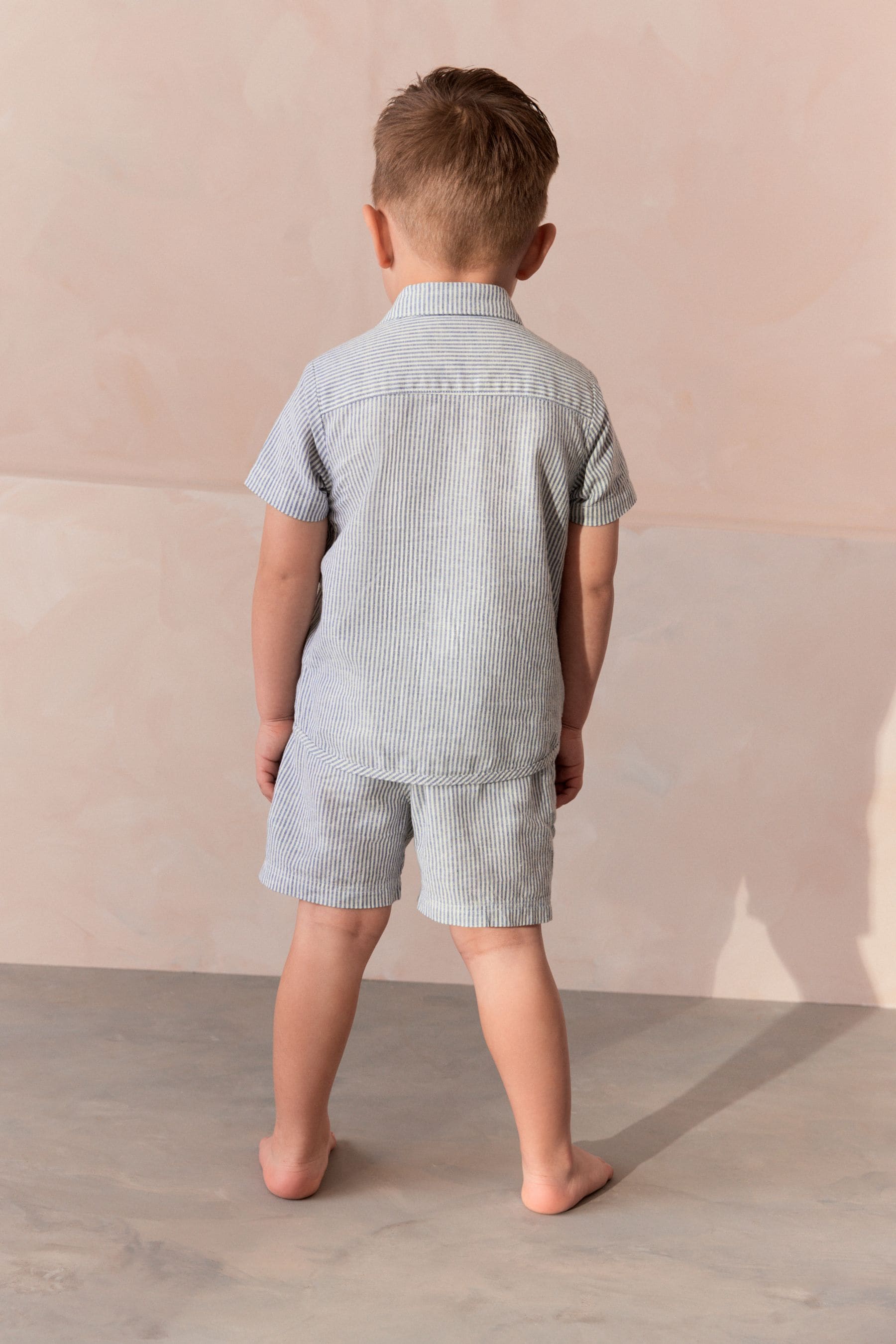 Blue/White Stripe Button Down Short Woven Pyjamas With Linen (9mths-8yrs)