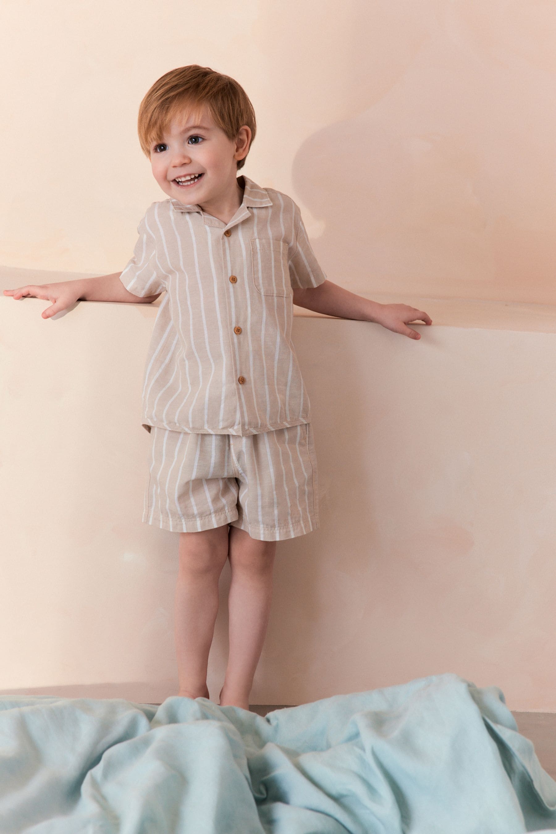 Stone Stripe Button Down Short Woven Pyjamas With Linen (9mths-8yrs)