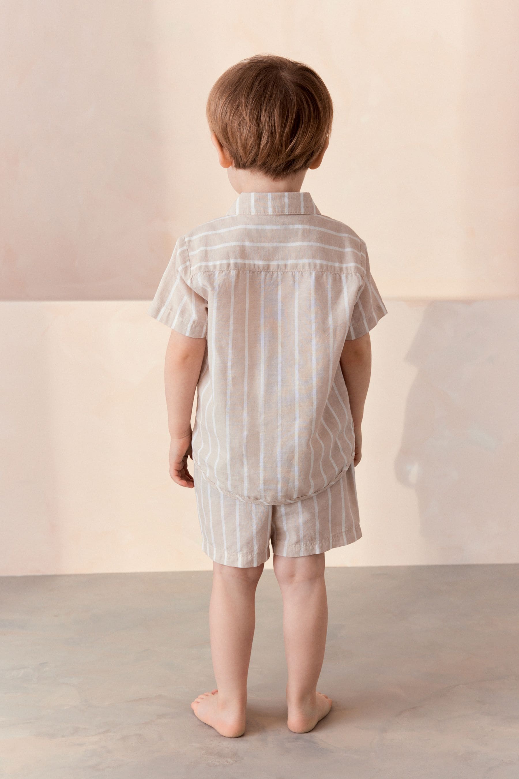 Stone Stripe Button Down Short Woven Pyjamas With Linen (9mths-8yrs)