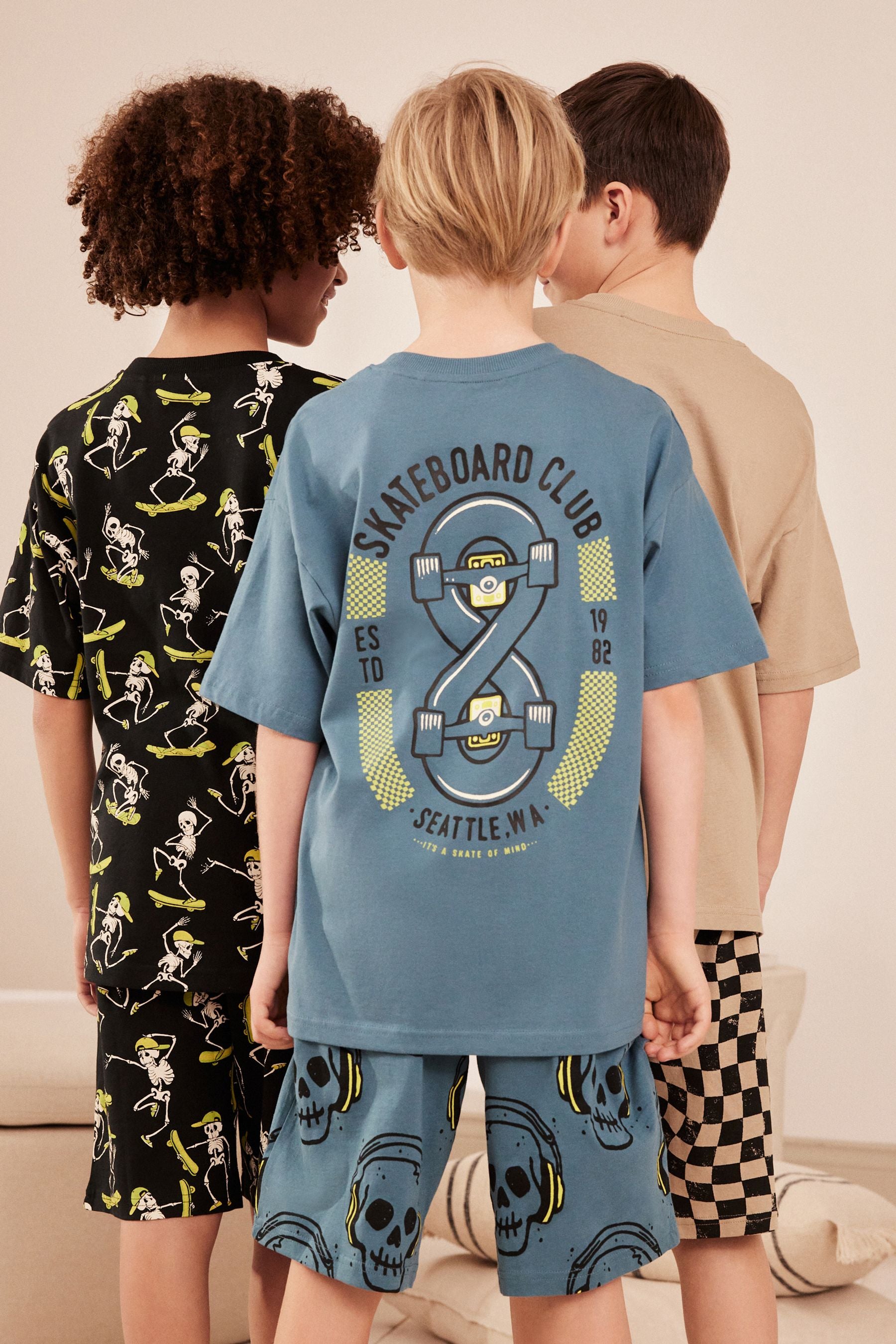 Black/Lime Skull Checkerboard 100% Cotton Short Pyjamas 3 Pack (3-16yrs)