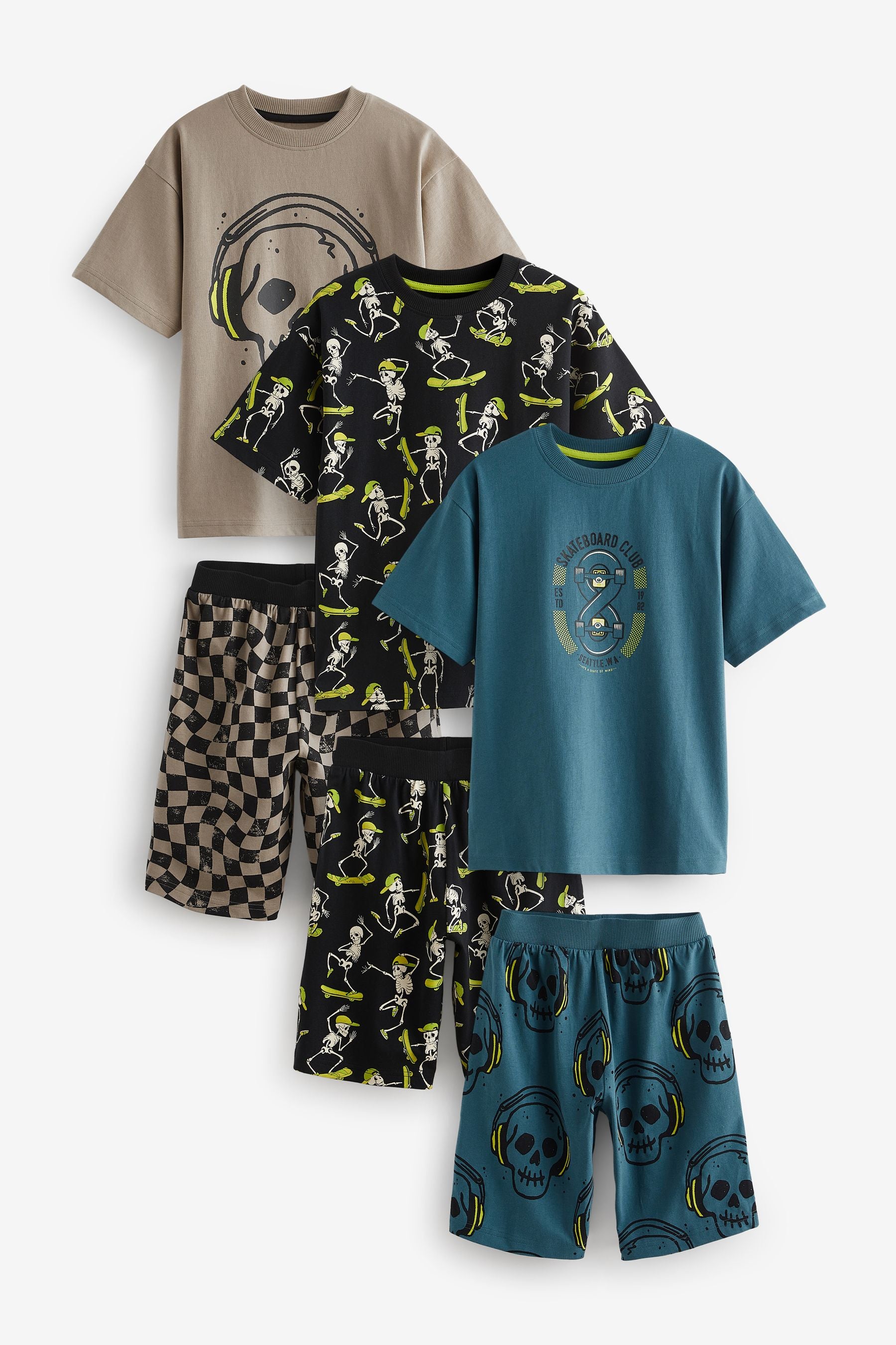 Black/Lime Skull Checkerboard 100% Cotton Short Pyjamas 3 Pack (3-16yrs)