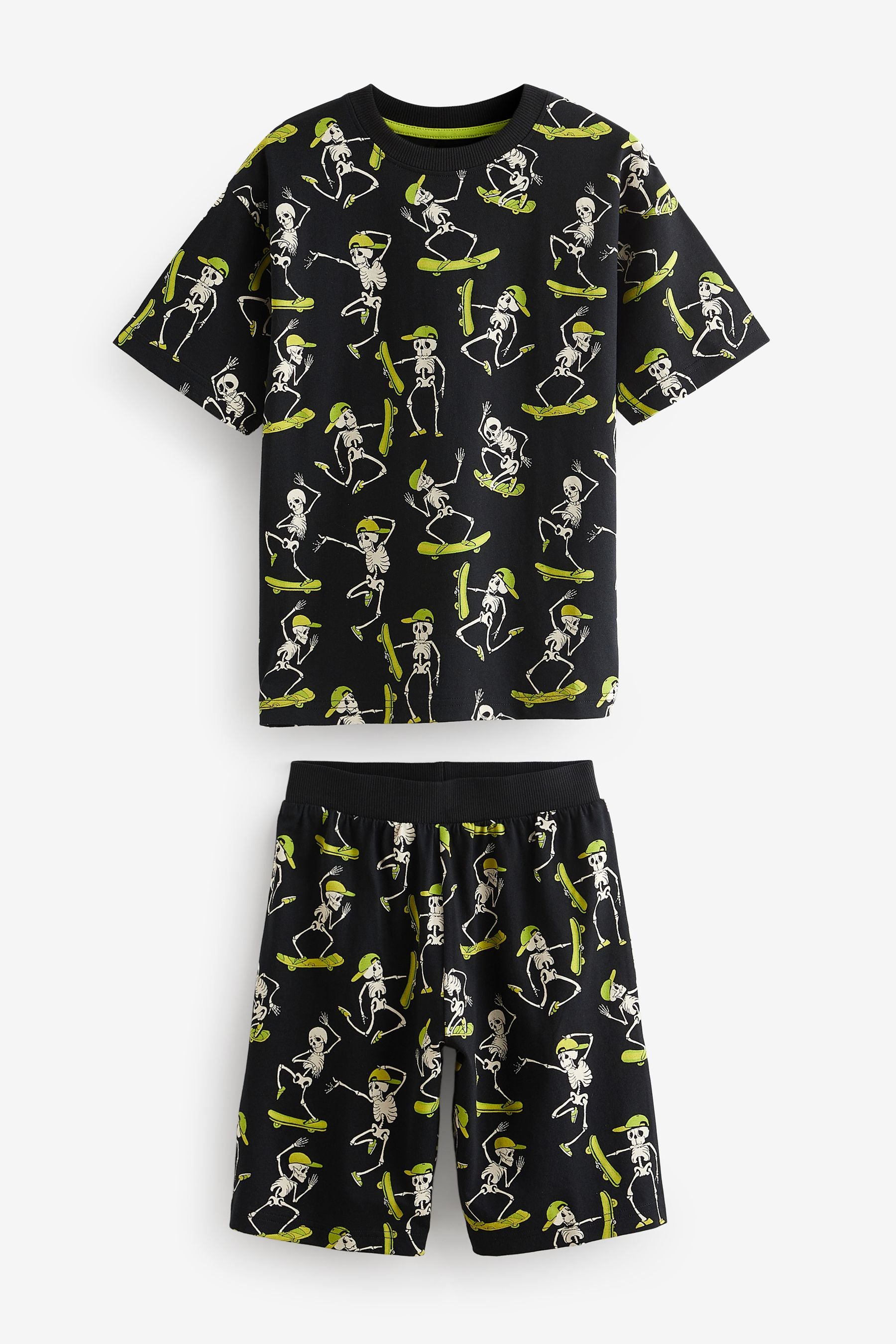 Black/Lime Skull Checkerboard 100% Cotton Short Pyjamas 3 Pack (3-16yrs)