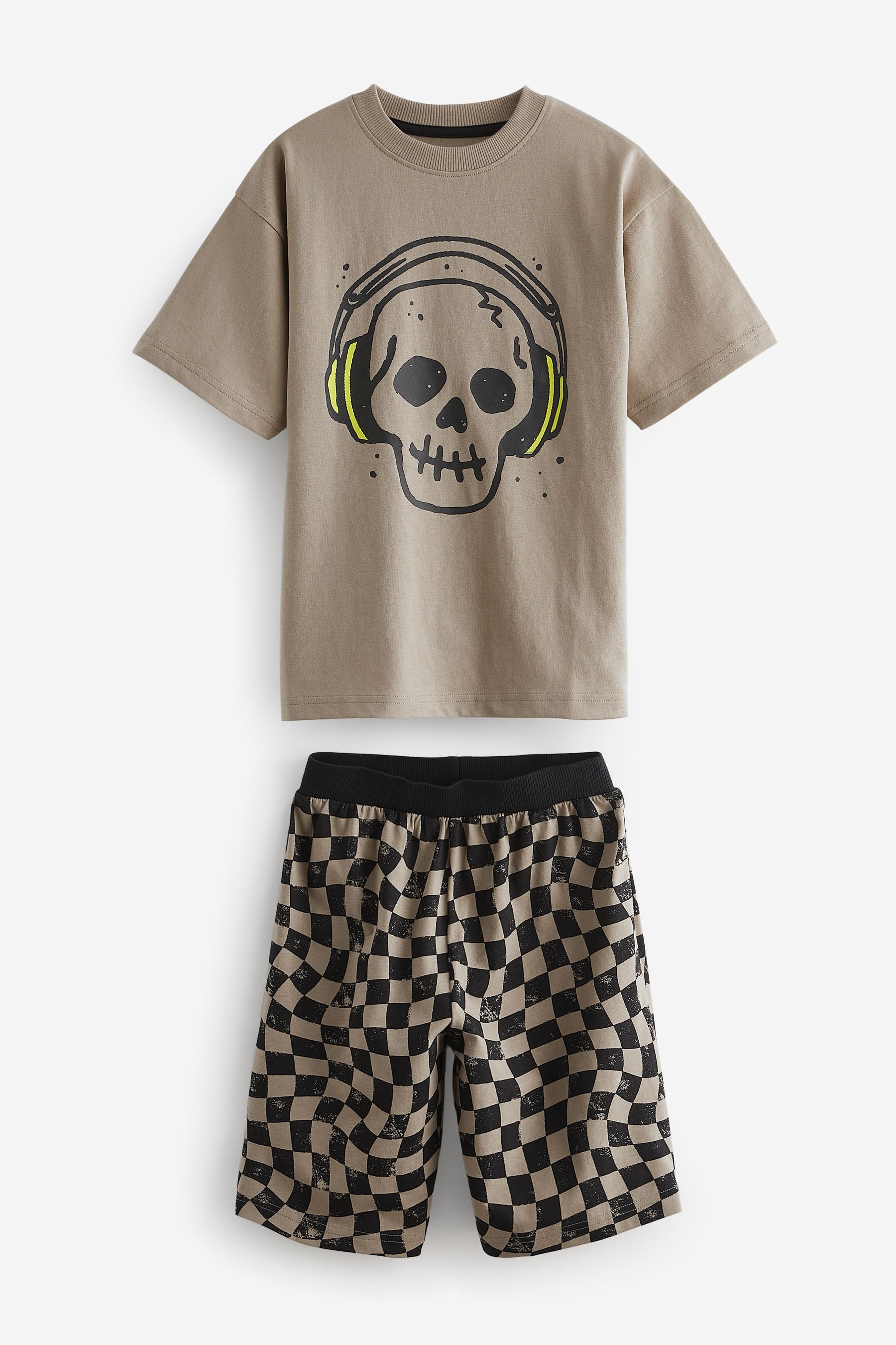 Black/Lime Skull Checkerboard 100% Cotton Short Pyjamas 3 Pack (3-16yrs)