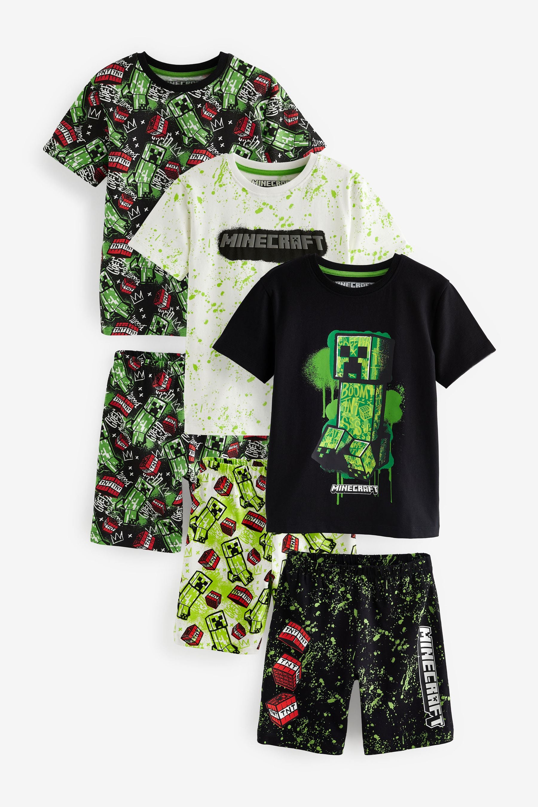 Green/Black Minecraft Short Pyjamas 3 Pack (3-16yrs)