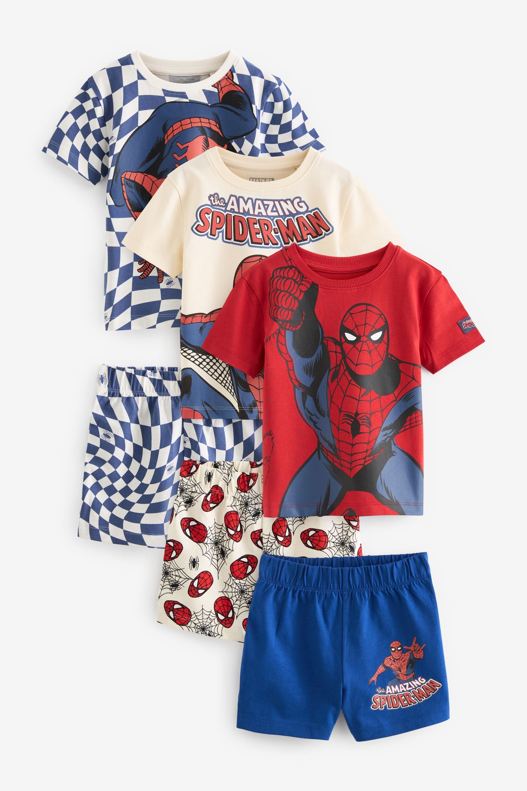 Red/Navy/White Spiderman 100% Cotton Short Pyjamas 3 Pack (12mths-10yrs)