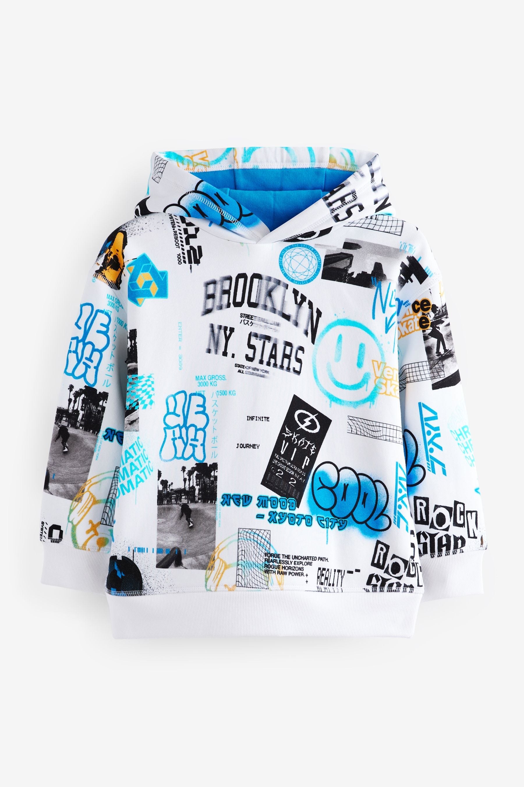 White/Blue All Over Graffiti Print Graphic Hoodie (3-16yrs)