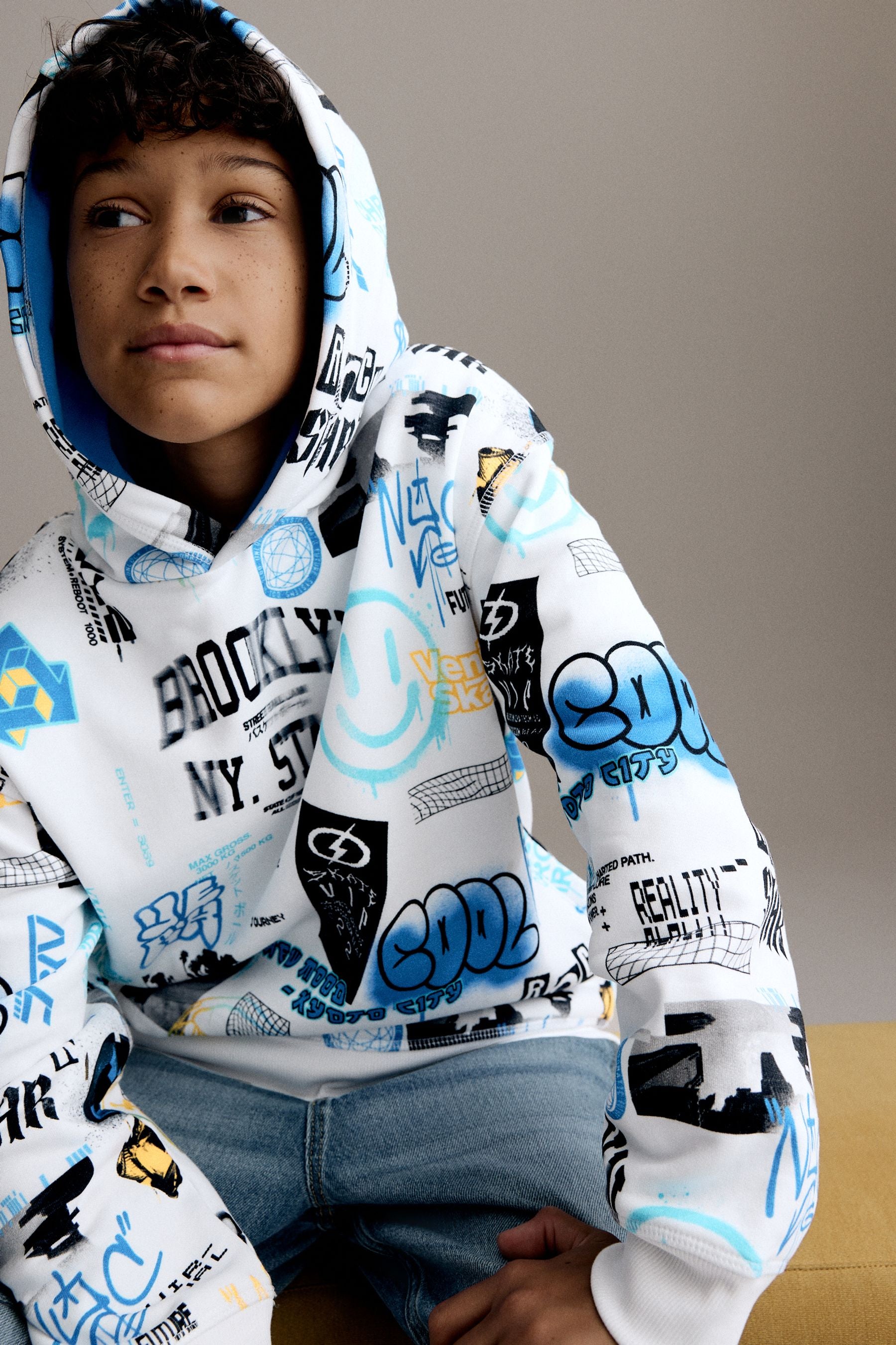 White/Blue Graphic Hoodie (3-16yrs)