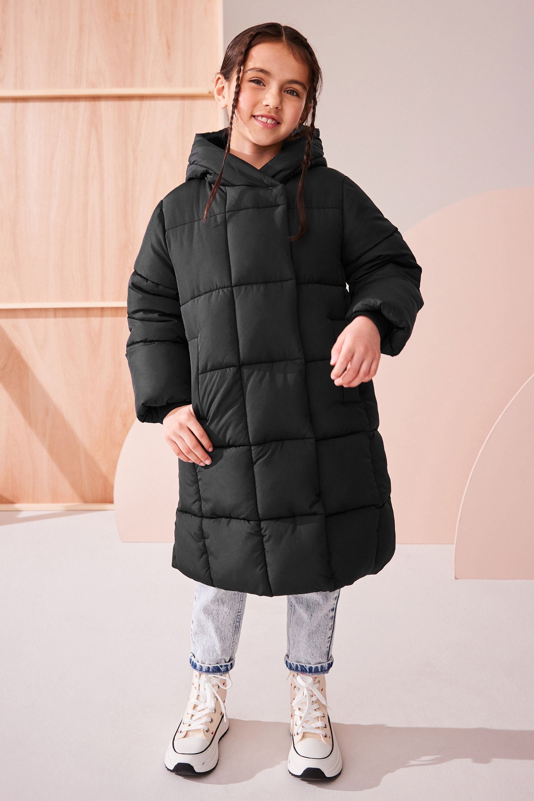 Black Longer Length Shower Resistant Fur Lined Hooded Padded Coat (3-16yrs)