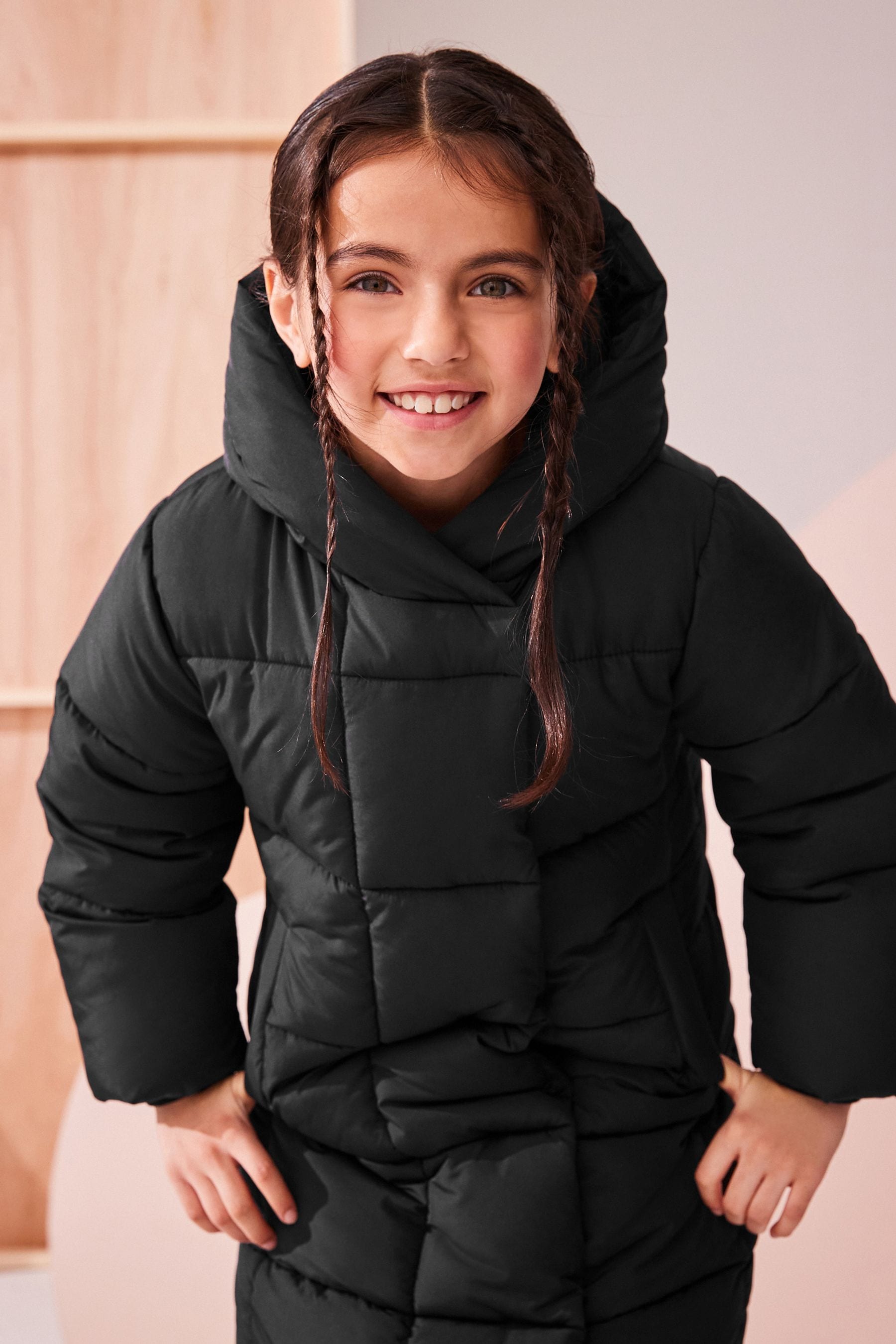 Black Longer Length Shower Resistant Fur Lined Hooded Padded Coat (3-16yrs)