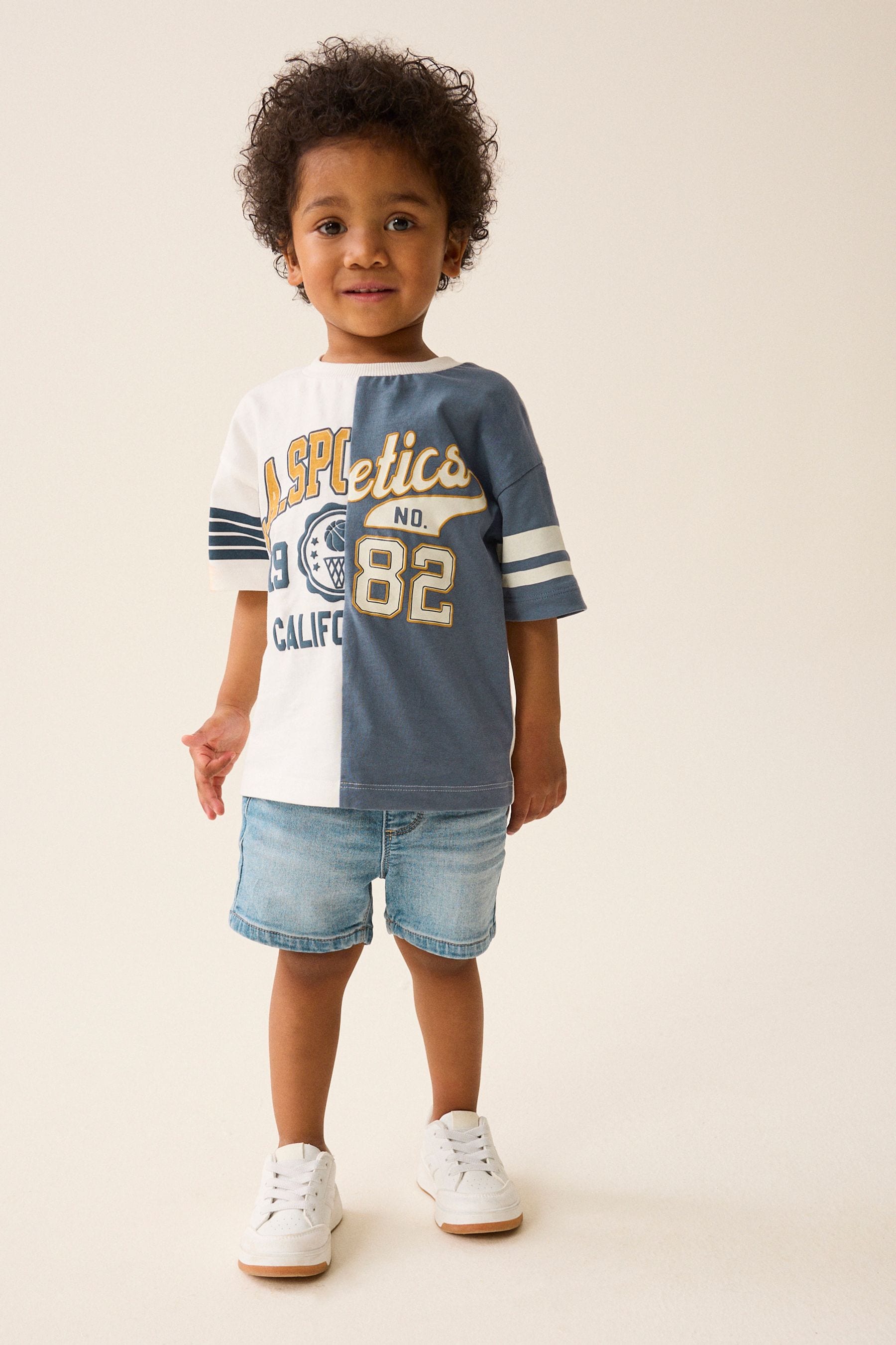 Blue/White 100% Cotton Short Sleeve Varsity T-Shirt (3mths-7yrs)