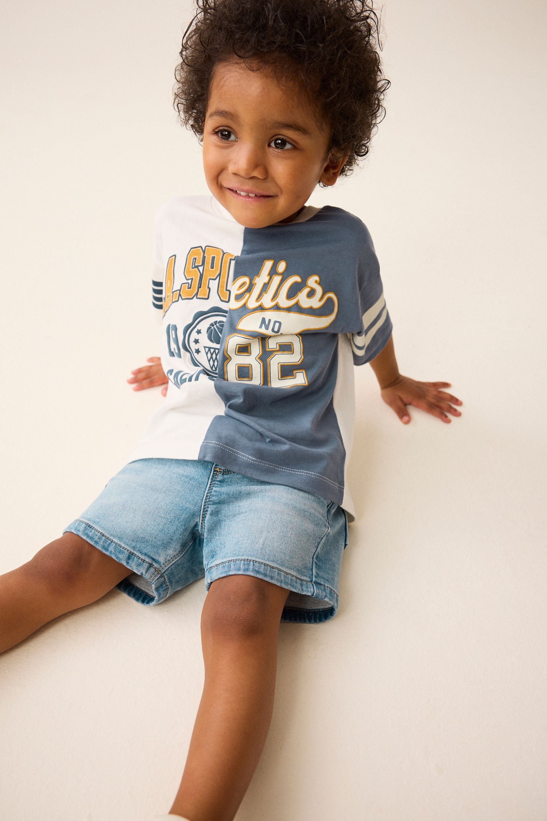 Blue/White 100% Cotton Short Sleeve Varsity T-Shirt (3mths-7yrs)