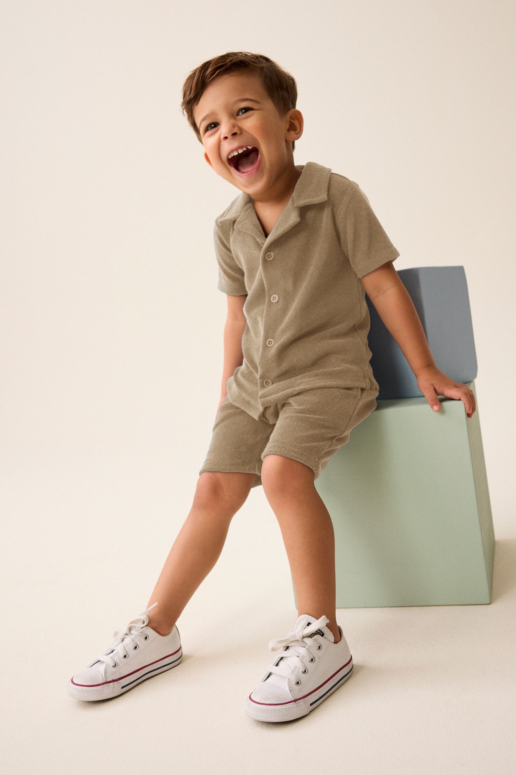 Neutral Tan Short Sleeve Towelling Shirt and Shorts Set (3mths-7yrs)