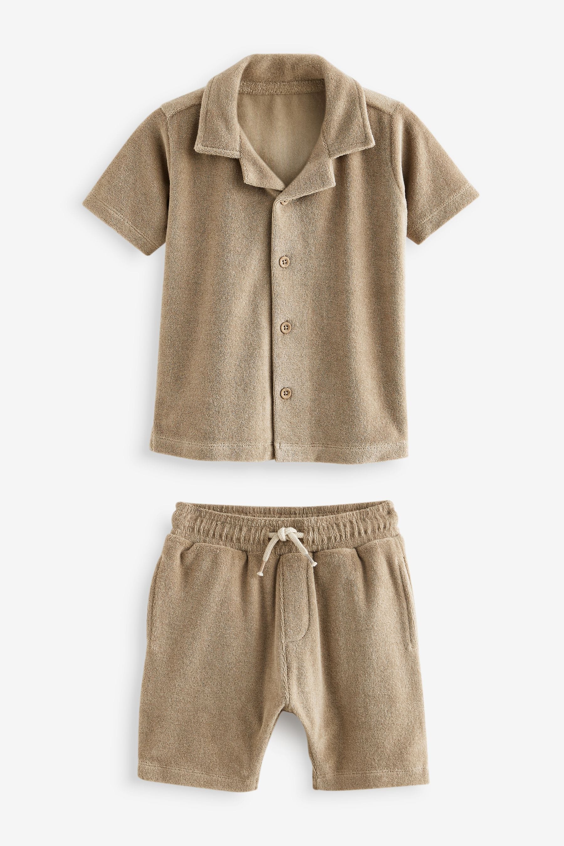 Neutral Tan Short Sleeve Towelling Shirt and Shorts Set (3mths-7yrs)