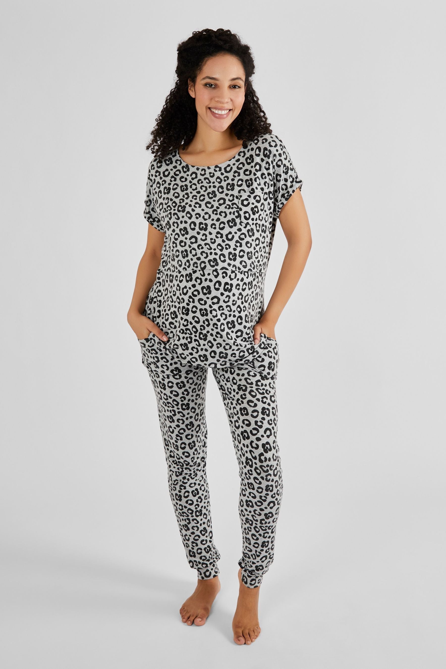 Grey JoJo Maman Bébé Animal Print Maternity & Nursing Pyjamas Set