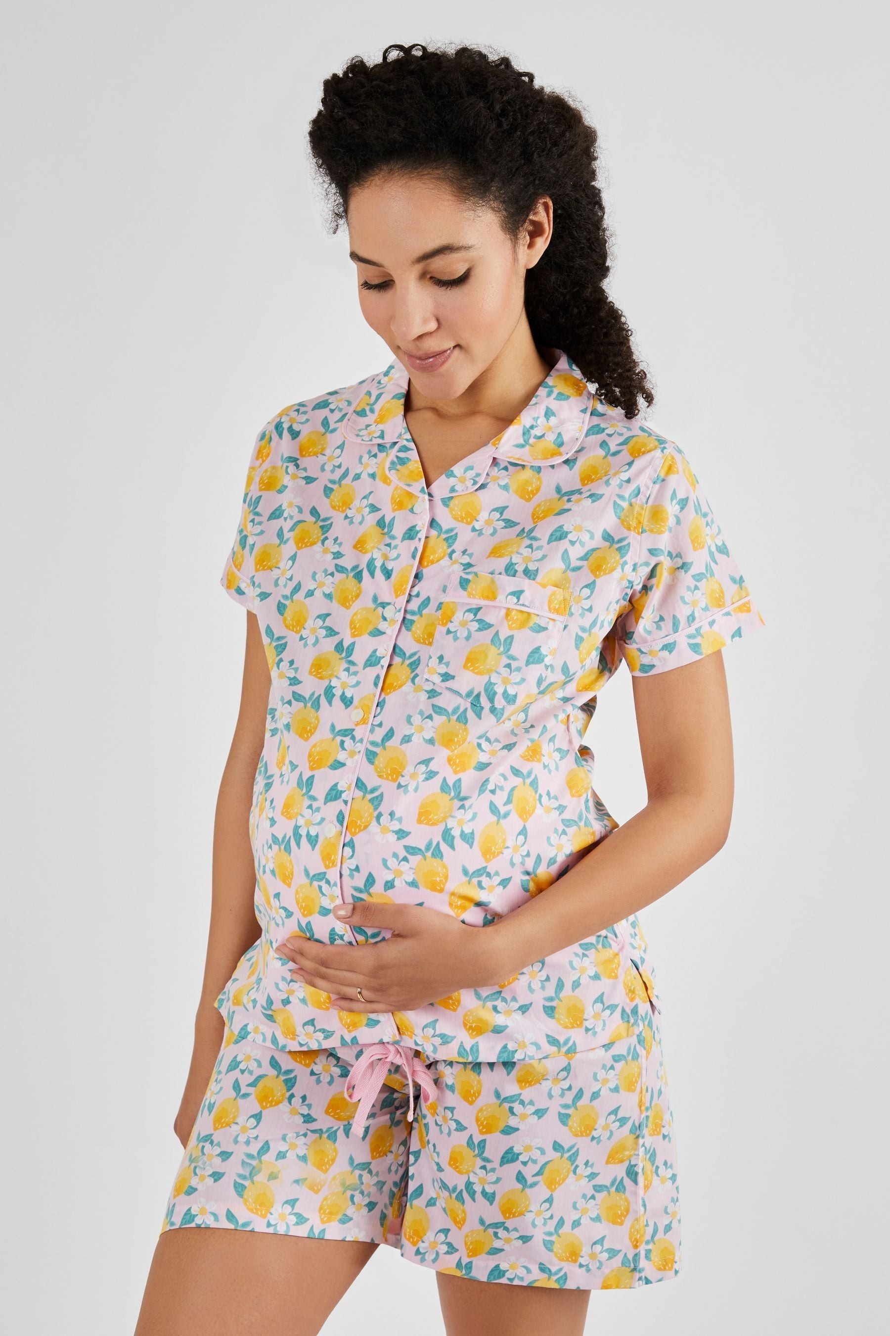 Pink JoJo Maman Bébé Lemon Print Maternity & Nursing Short Pyjamas Set