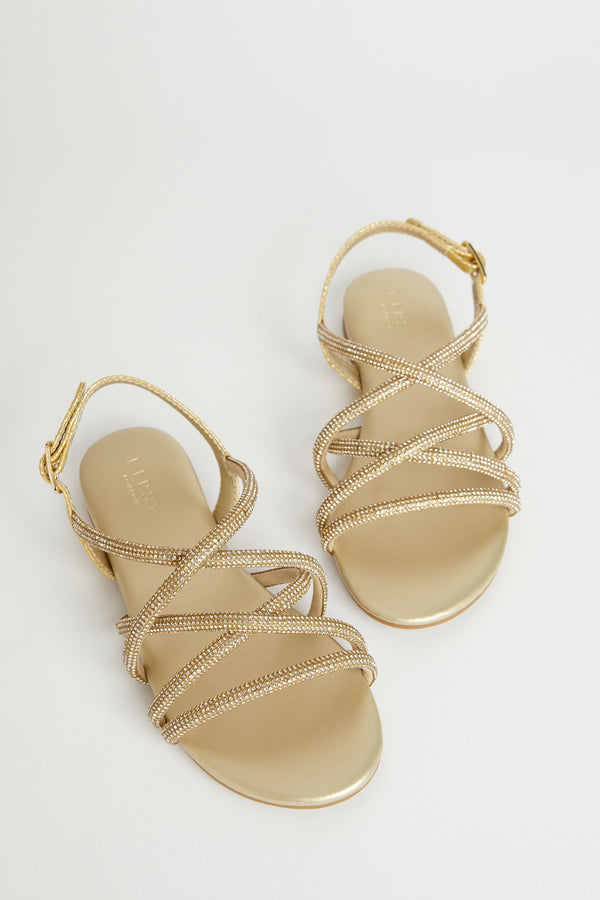 Gold Low Block Embellished Heel Occasion Sandal