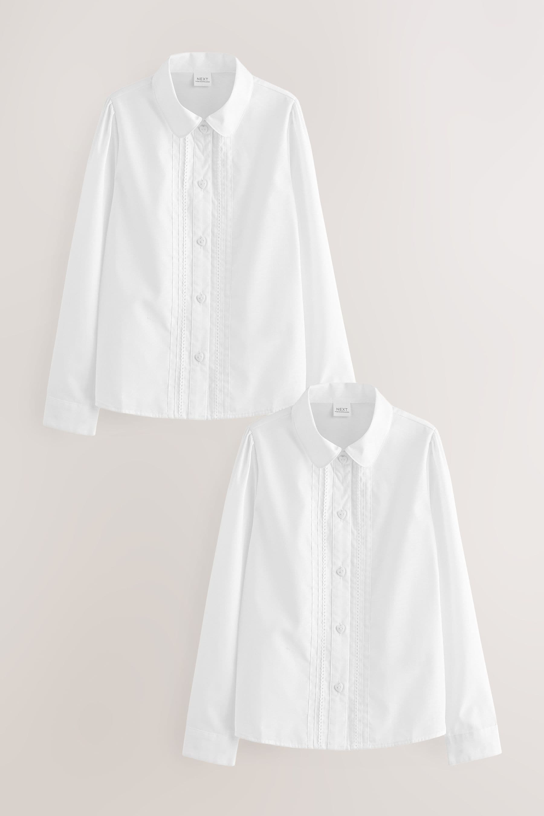 White Long Sleeve Lace Trim School Blouses 2 Pack (3-14yrs)