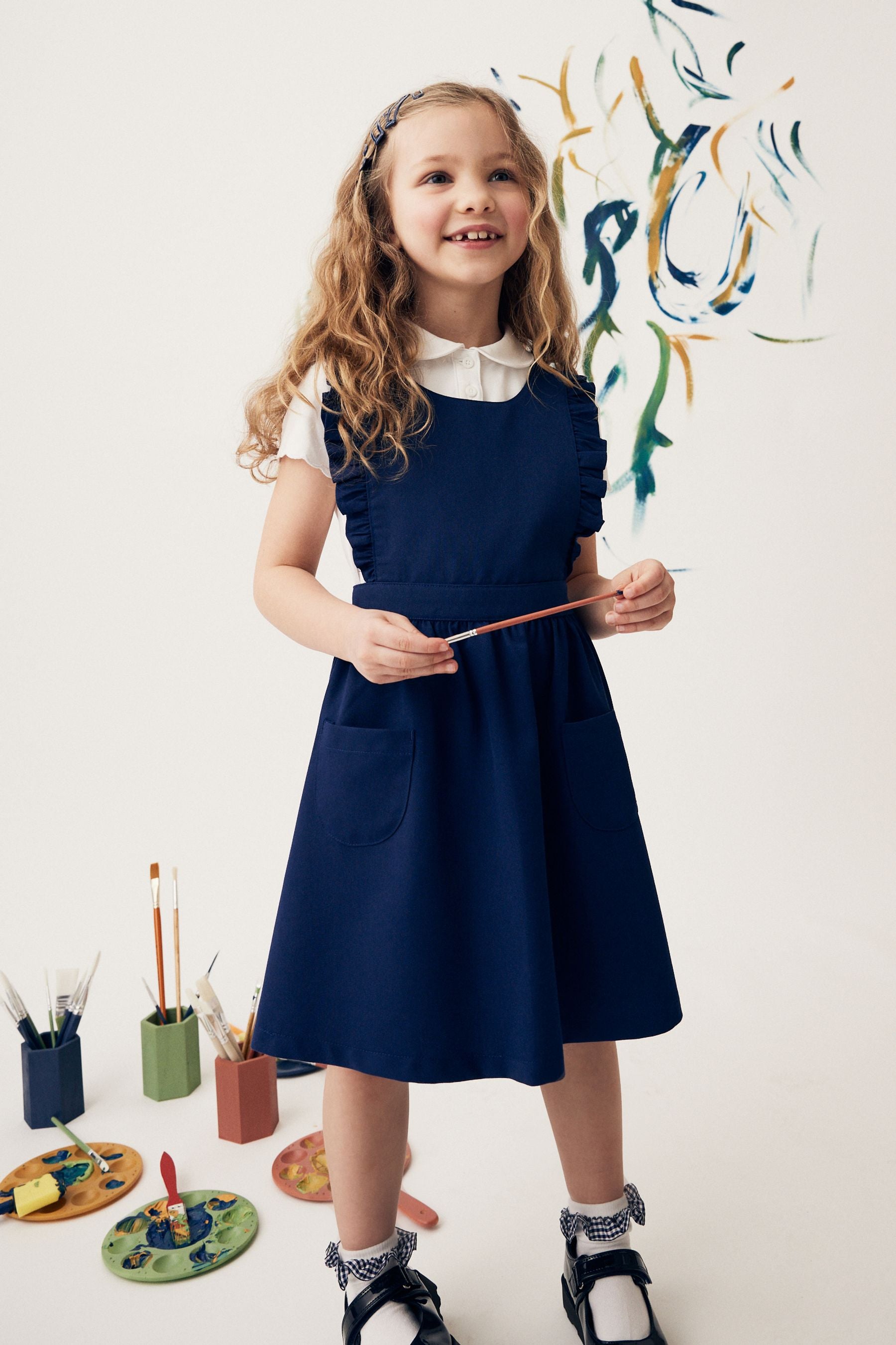 Bright Blue Ruffle Detail Pinafore School Dress (3-14yrs)