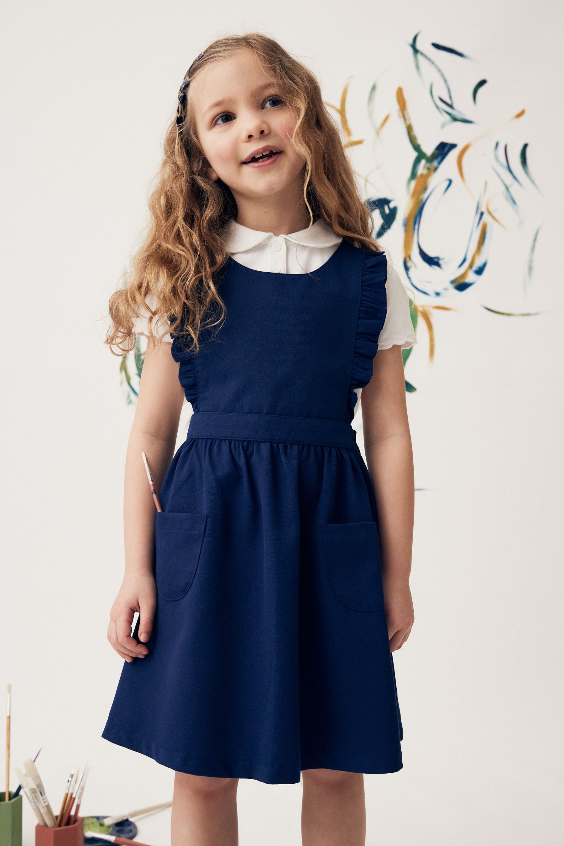 Bright Blue Ruffle Detail Pinafore School Dress (3-14yrs)