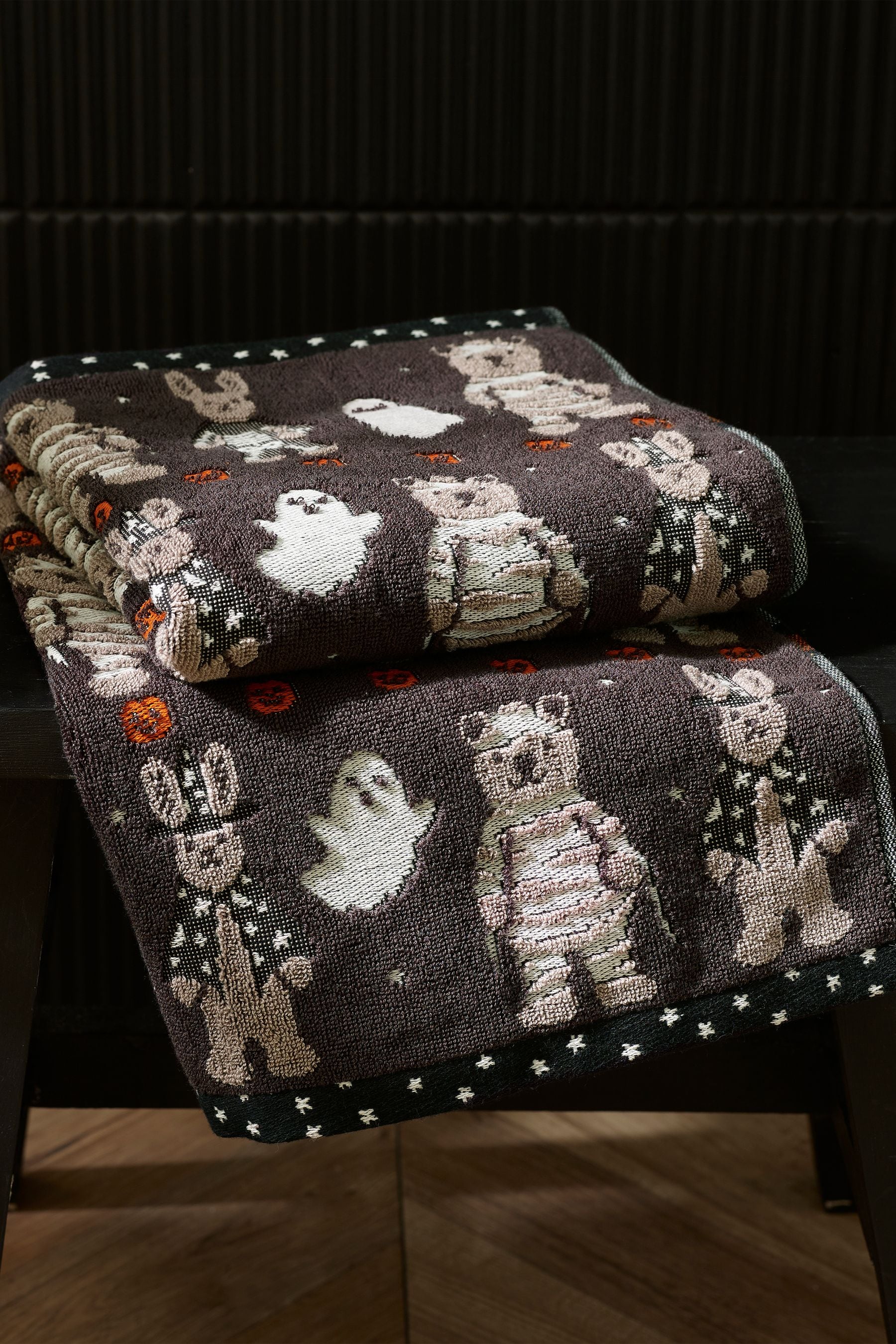 Black Halloween Bertie Bear and Rosie Rabbit Towels