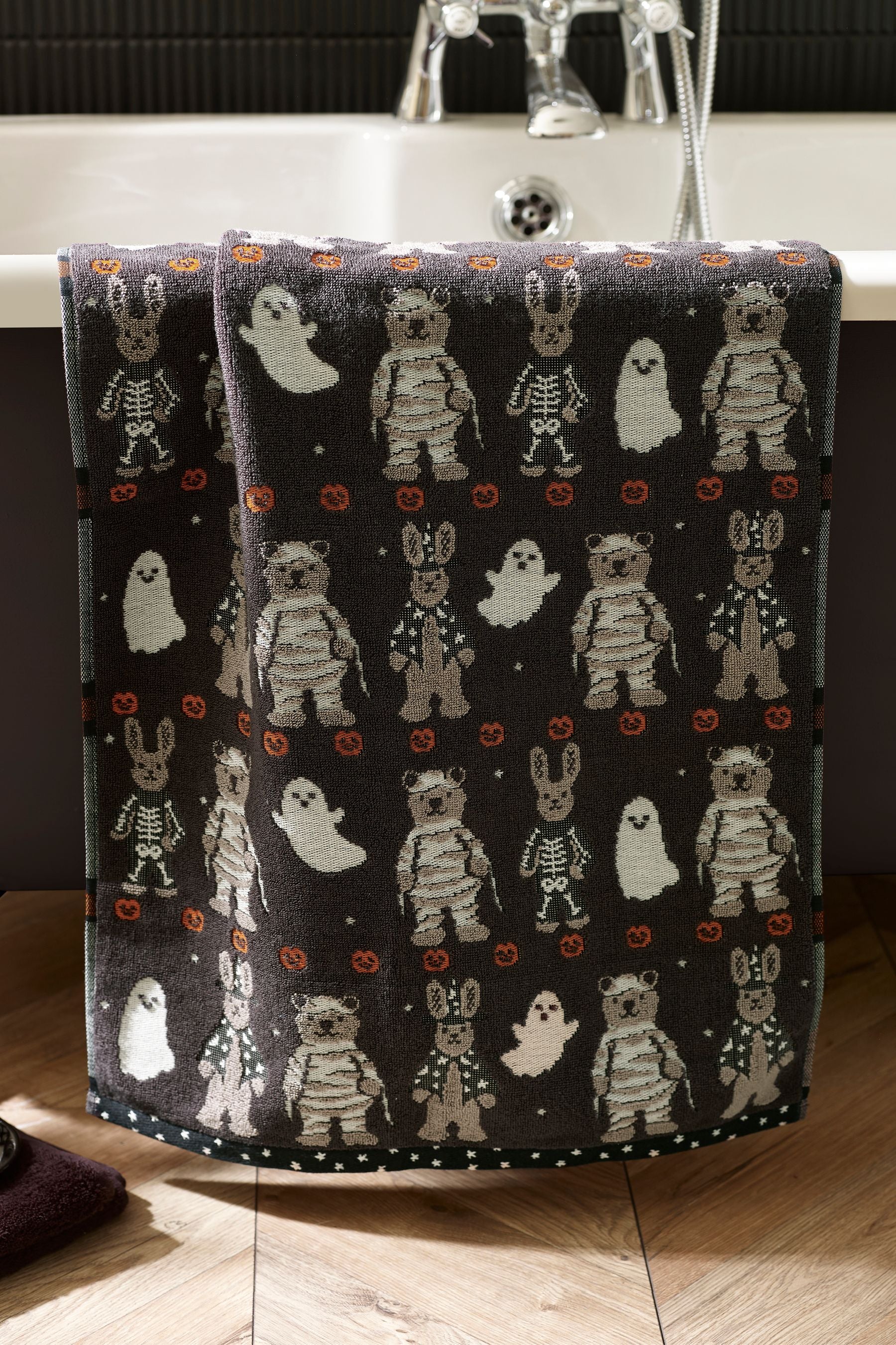 Black Halloween Bertie Bear and Rosie Rabbit Towels