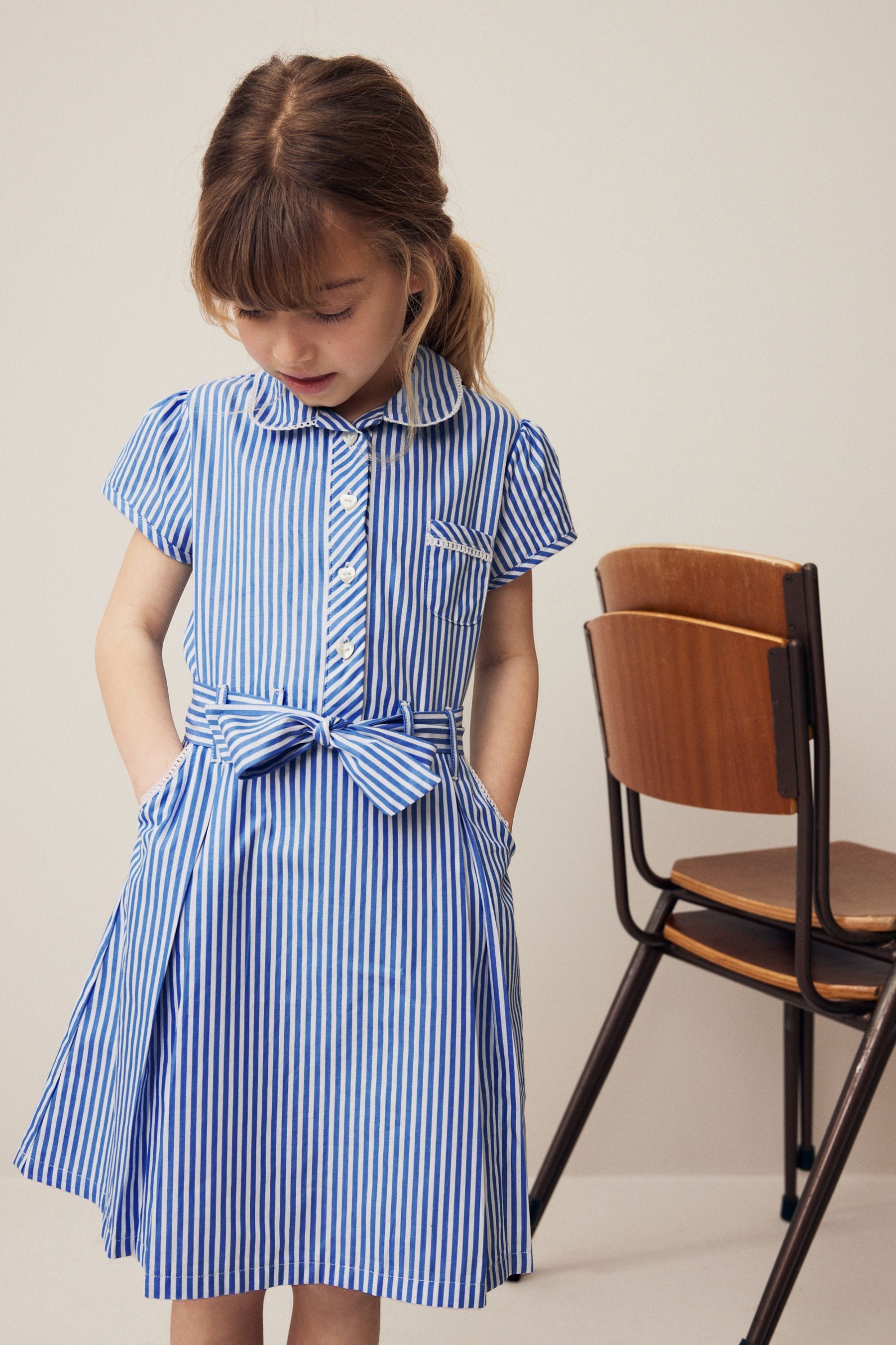 Blue Stripe Cotton Rich Belted School Dress With Scrunchie (3-14yrs)