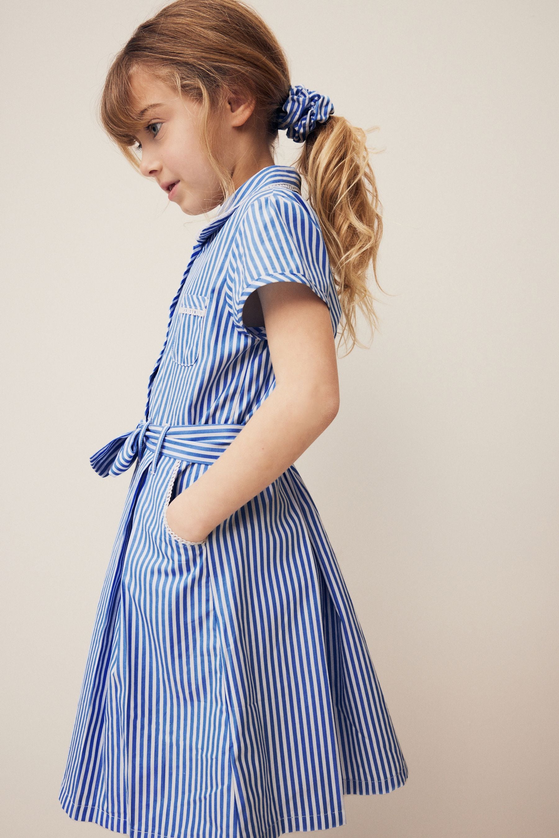 Blue Stripe Cotton Rich Belted School Dress With Scrunchie (3-14yrs)