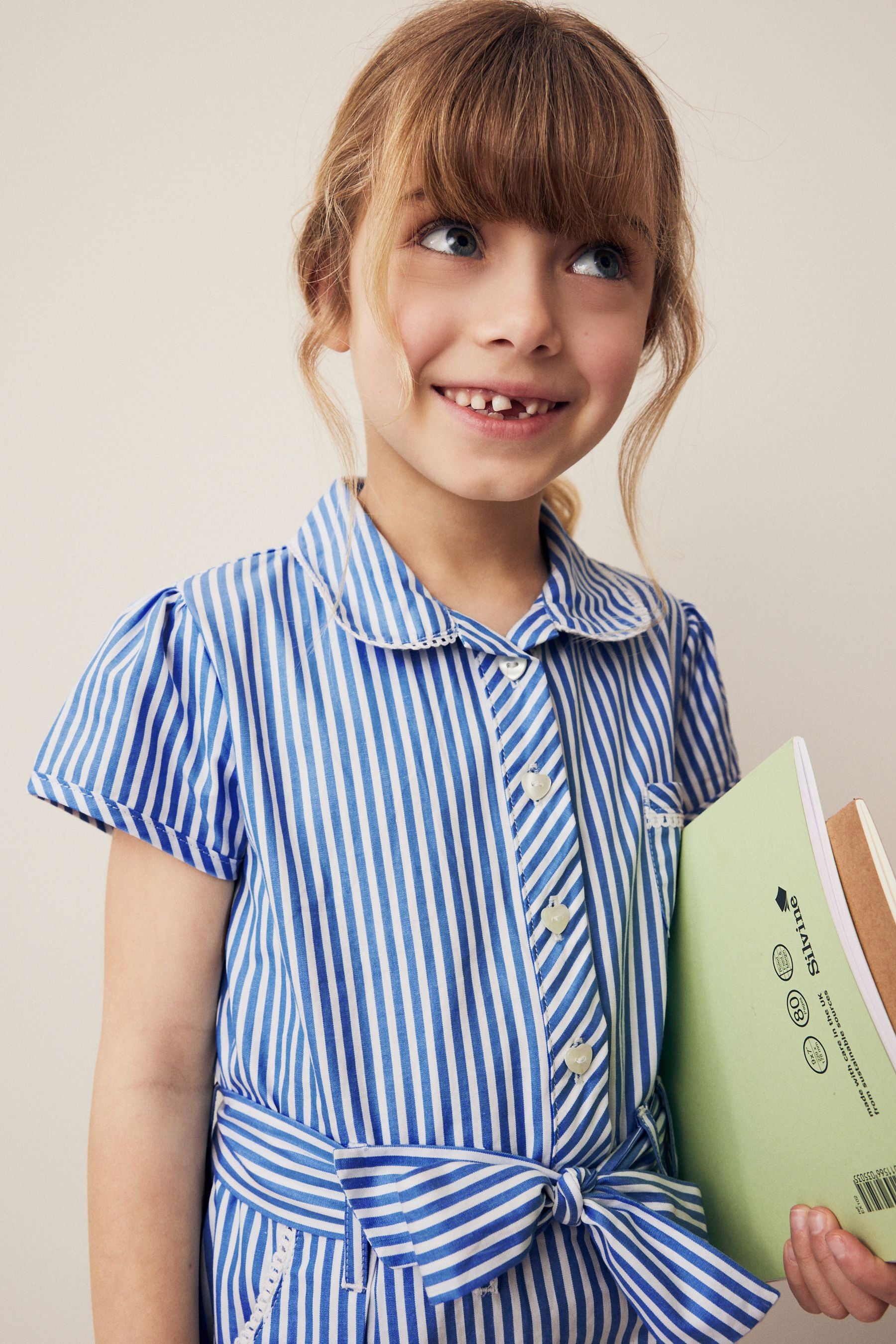 Blue Stripe Cotton Rich Belted School Dress With Scrunchie (3-14yrs)