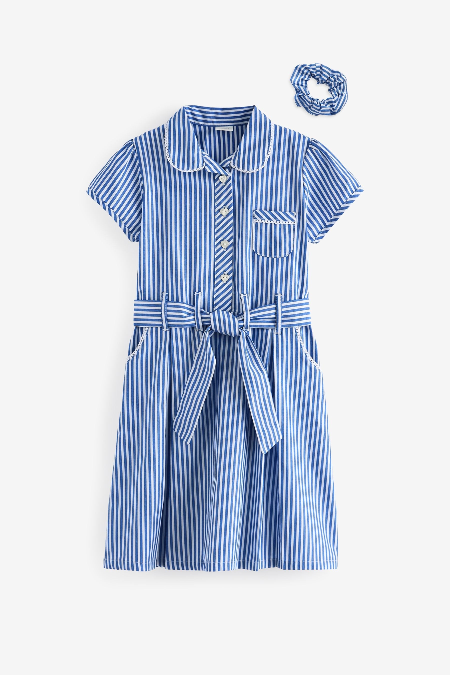 Blue Stripe Cotton Rich Belted School Dress With Scrunchie (3-14yrs)