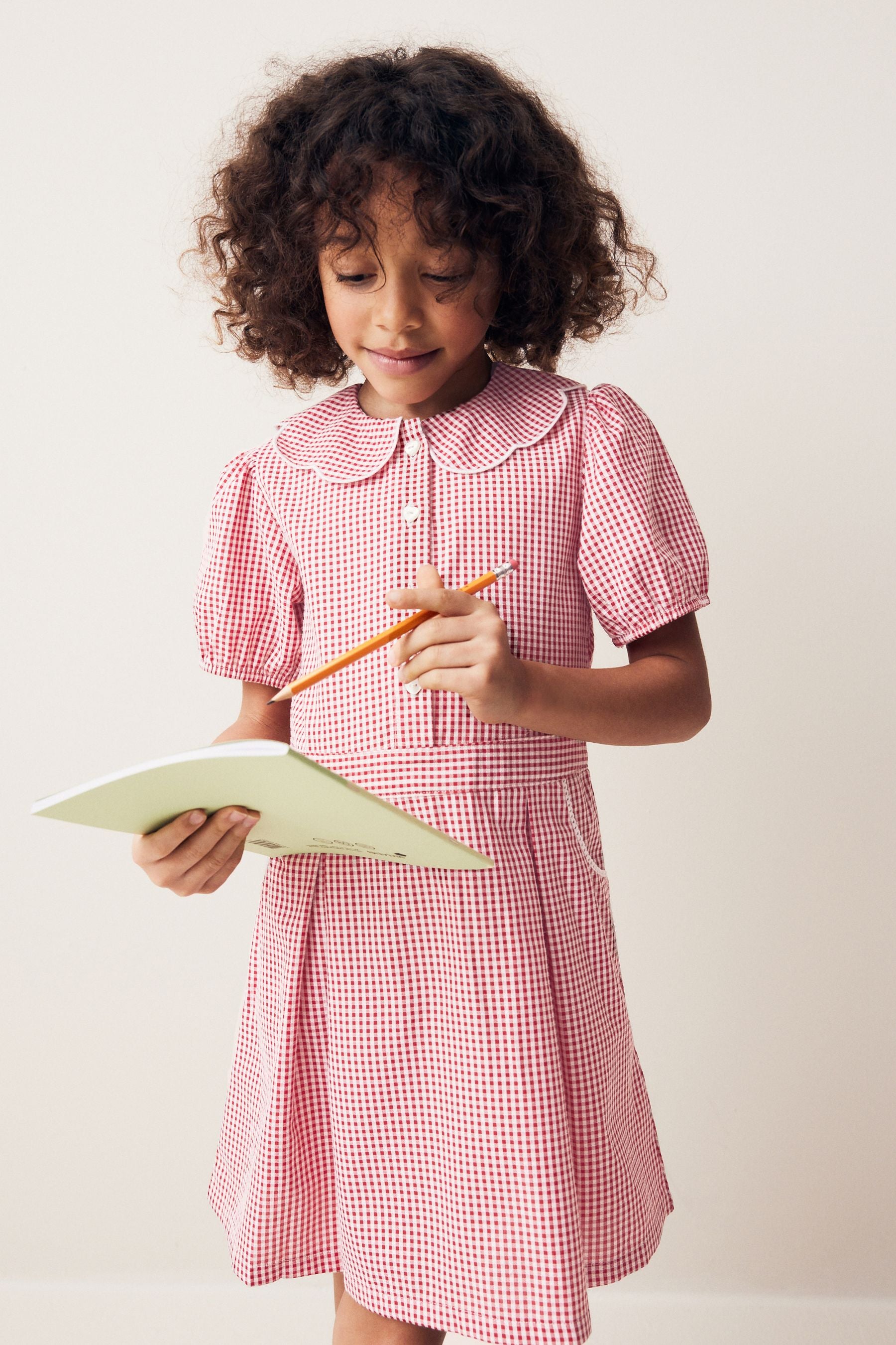 Red Cotton Rich Scalloped Collar Gingham School Dress (3-14yrs)