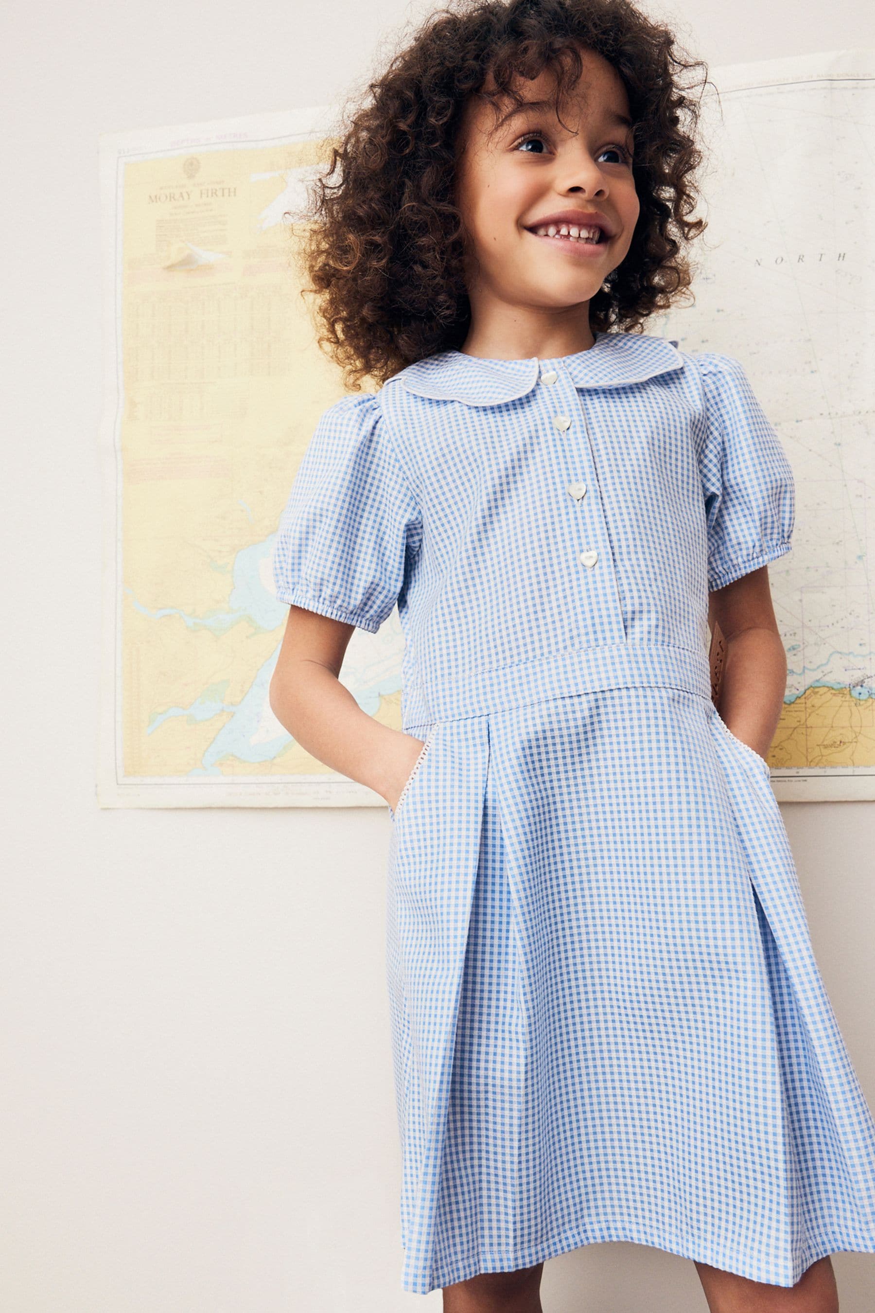 Blue Cotton Rich Scalloped Collar Gingham School Dress (3-14yrs)