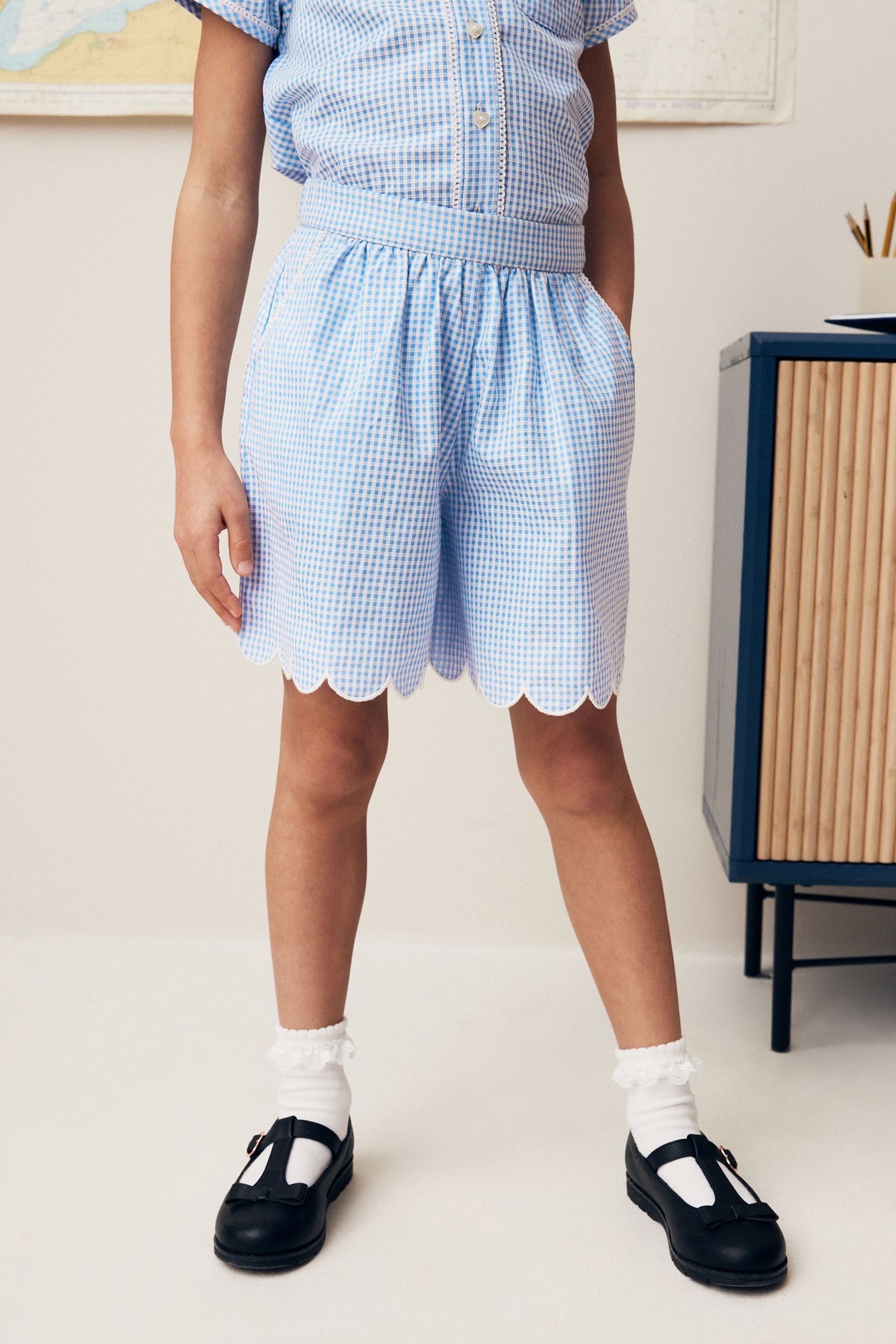 Blue Cotton Rich School Scalloped Hem Gingham Shorts (3-14yrs)