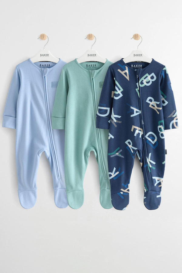 Green/Navy Baker by Ted Baker 100% Cotton Sleepsuit 3 Pack