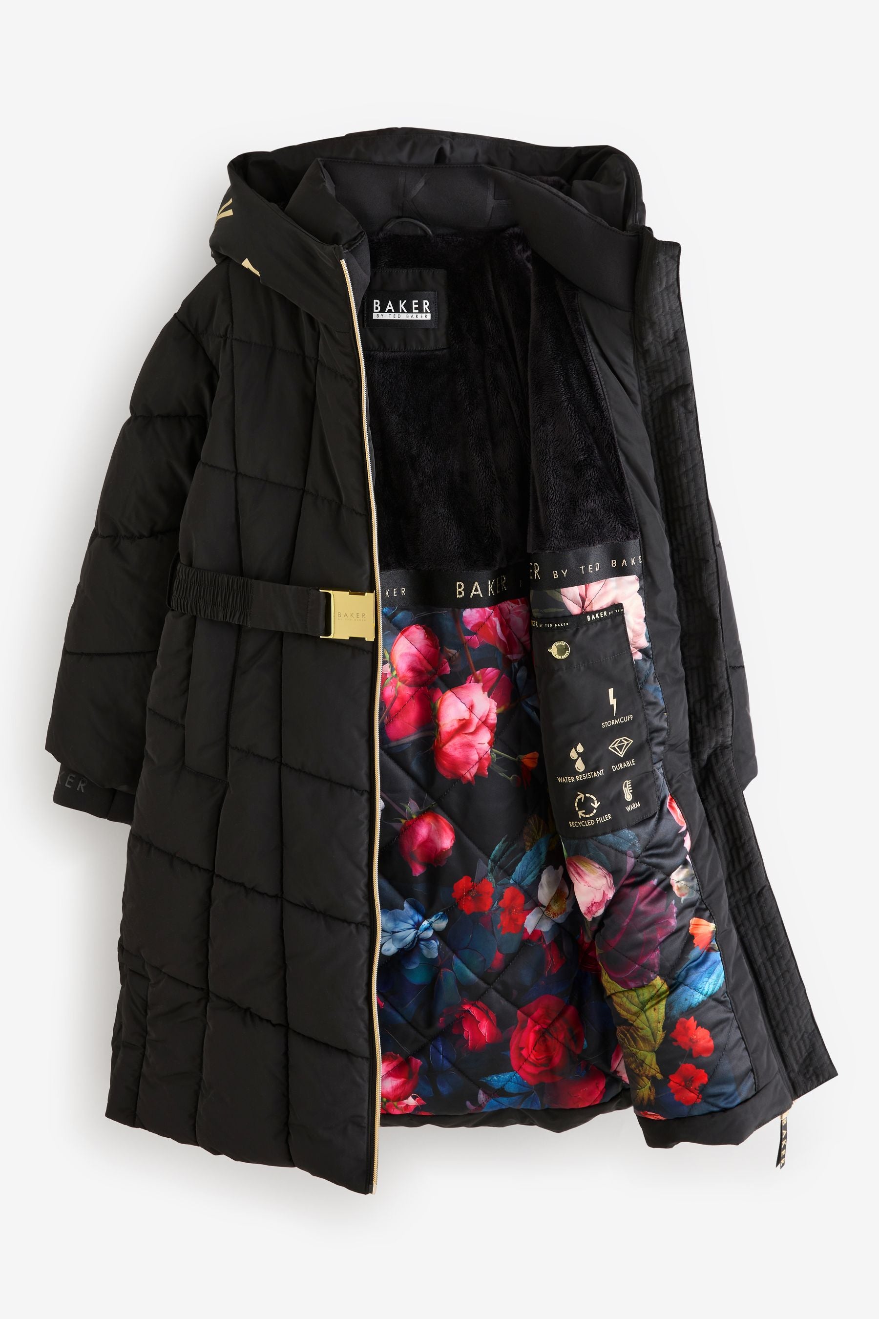 Baker by Ted Baker Shower Resistant Bow Longline Belted Black Coat