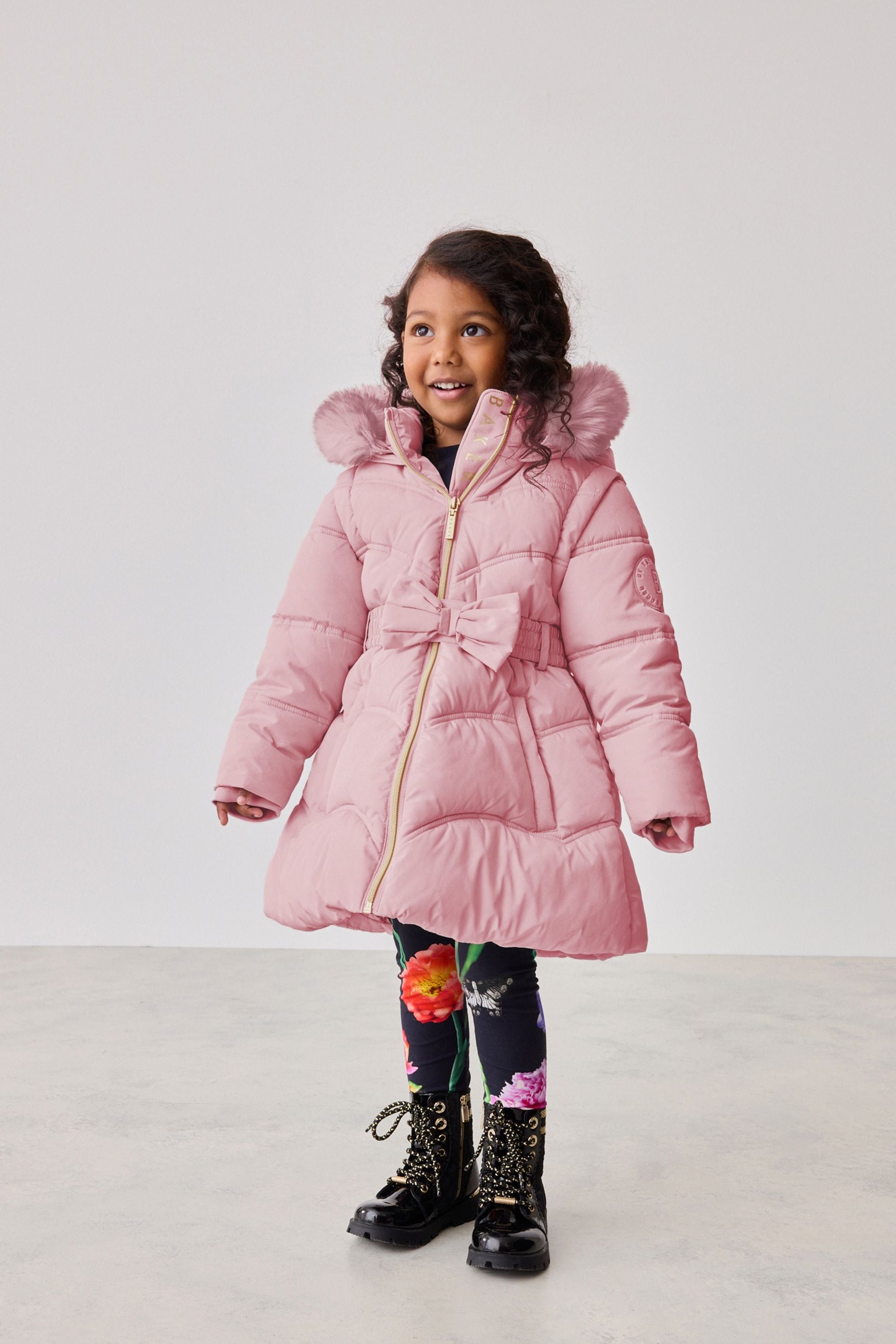 Baker by Ted Baker Shower Resistant Pink Bow Belted Padded Coat