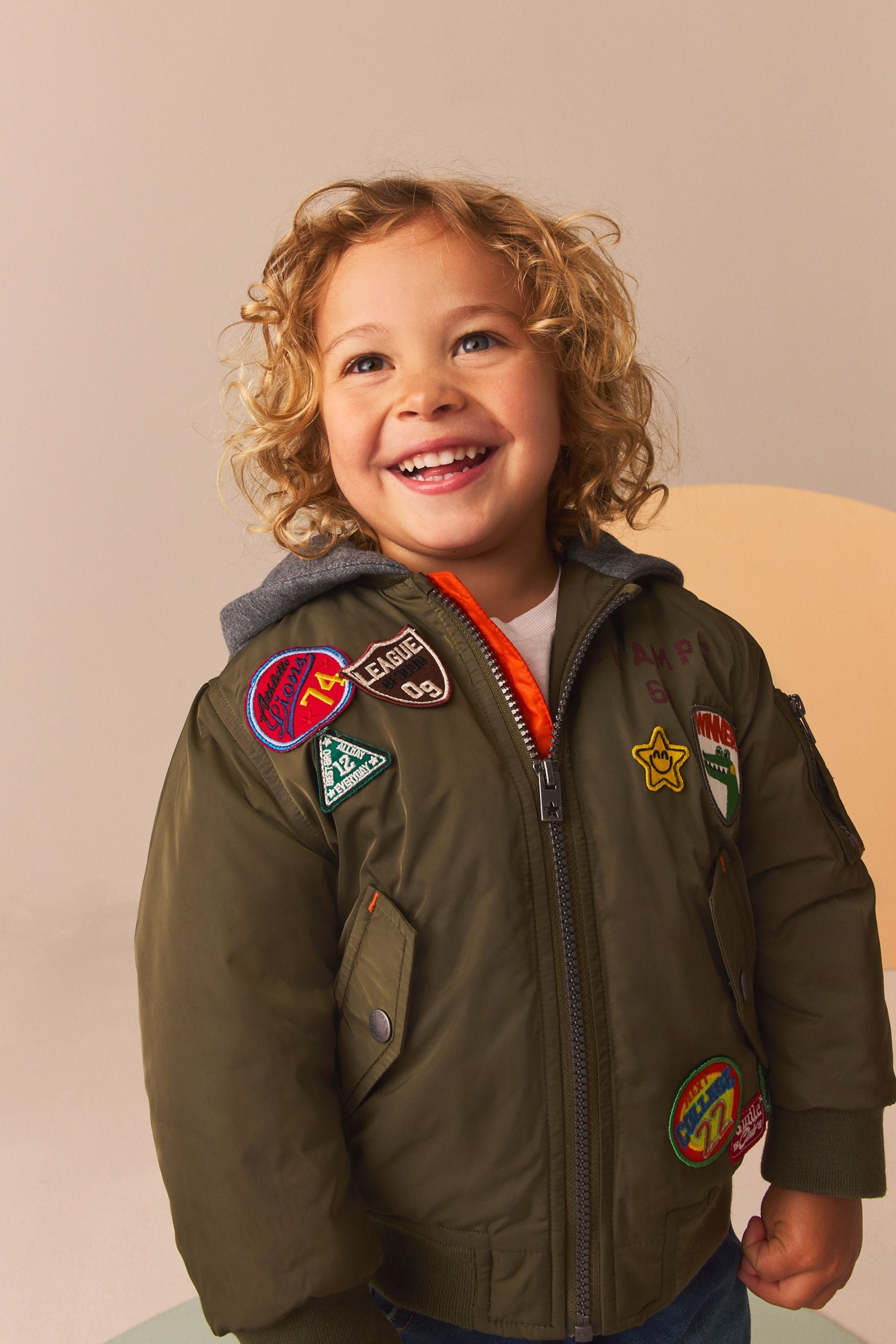 Khaki Green Badged Bomber Jacket with Jersey Hood (3mths-7yrs)