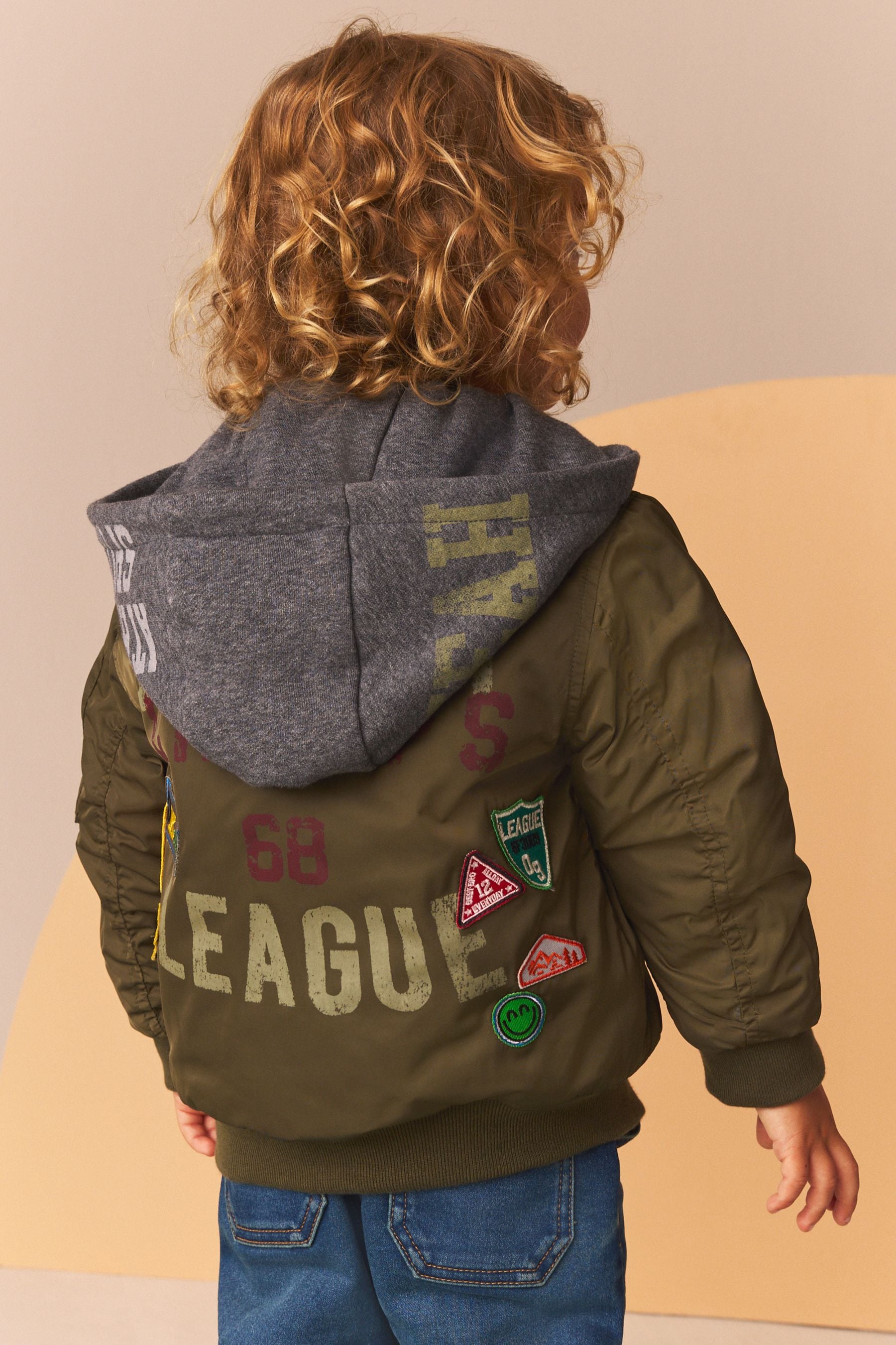 Khaki Green Badged Bomber Jacket with Jersey Hood (3mths-7yrs)